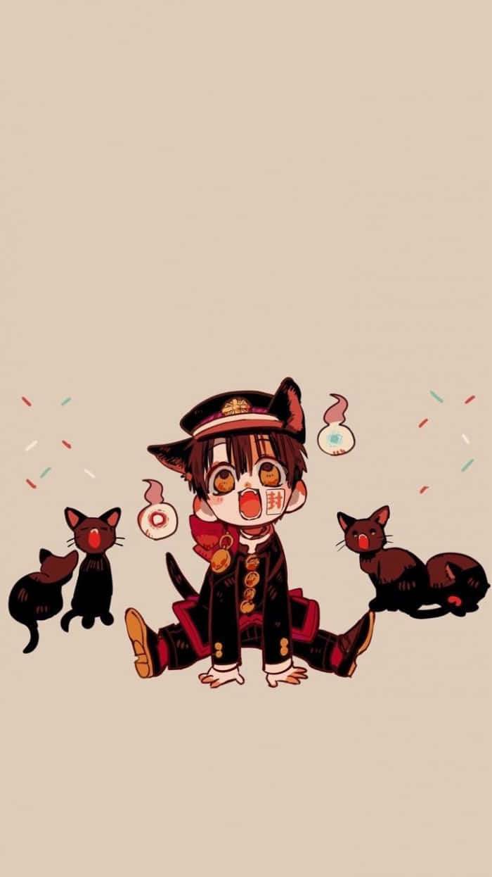 Hanako Kun 桌布 壁紙 — 一個穿著水手服的Q版動畫男孩坐在米色背景前，對三隻黑貓和漂浮的甜甜圈感到驚訝。