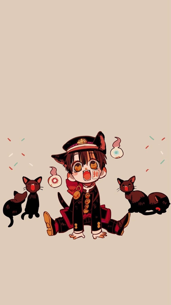 hanako 桌布 壁紙 — 一個穿著水手服的Q版動畫男孩坐在米色背景前，對三隻黑貓和漂浮的甜甜圈感到驚訝。