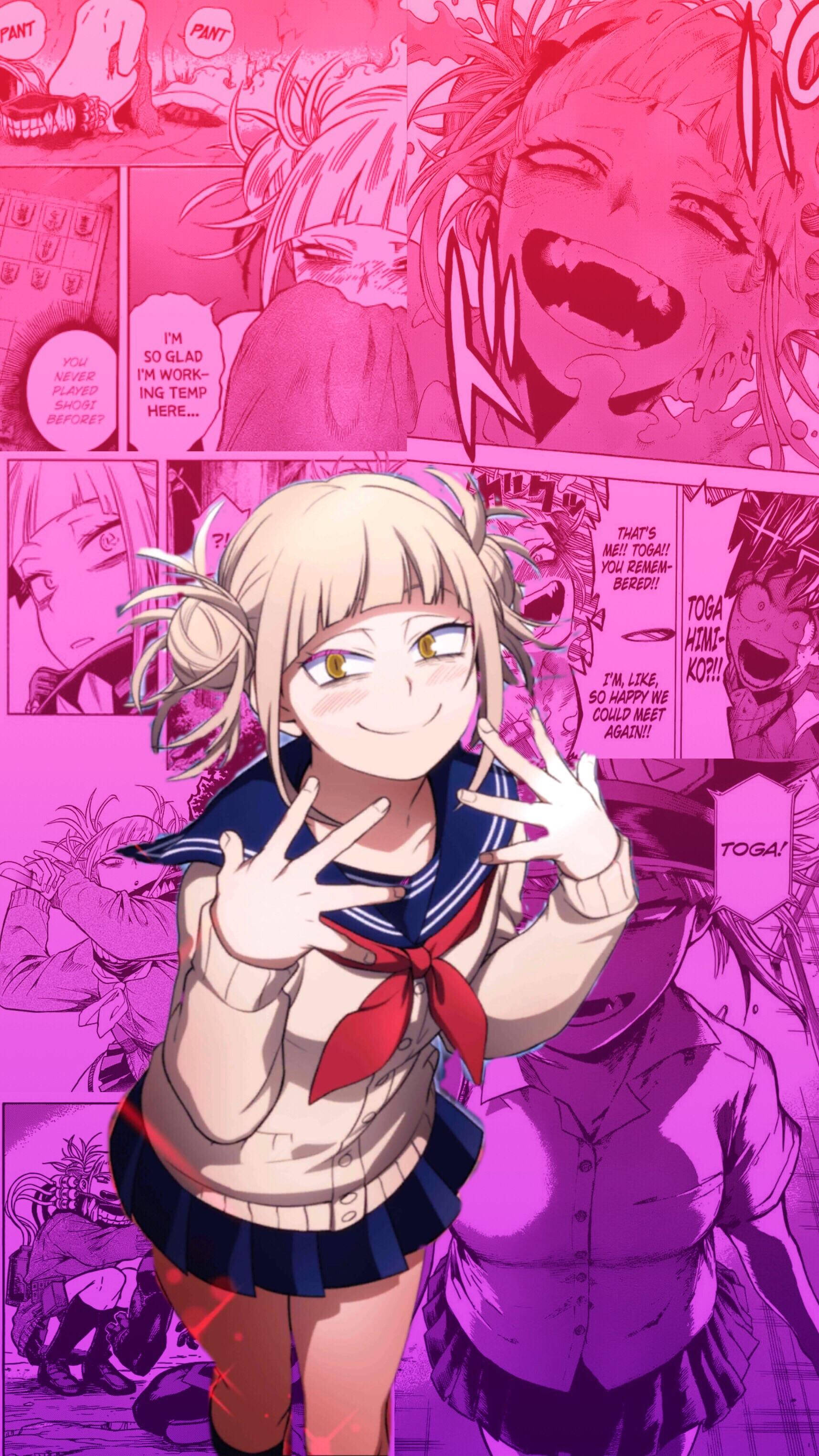 Toga 桌布 壁紙 — 一個穿著水手服的可愛動漫女孩，在充滿活力的粉紅色漫畫面板背景前微笑並做出和平手勢。