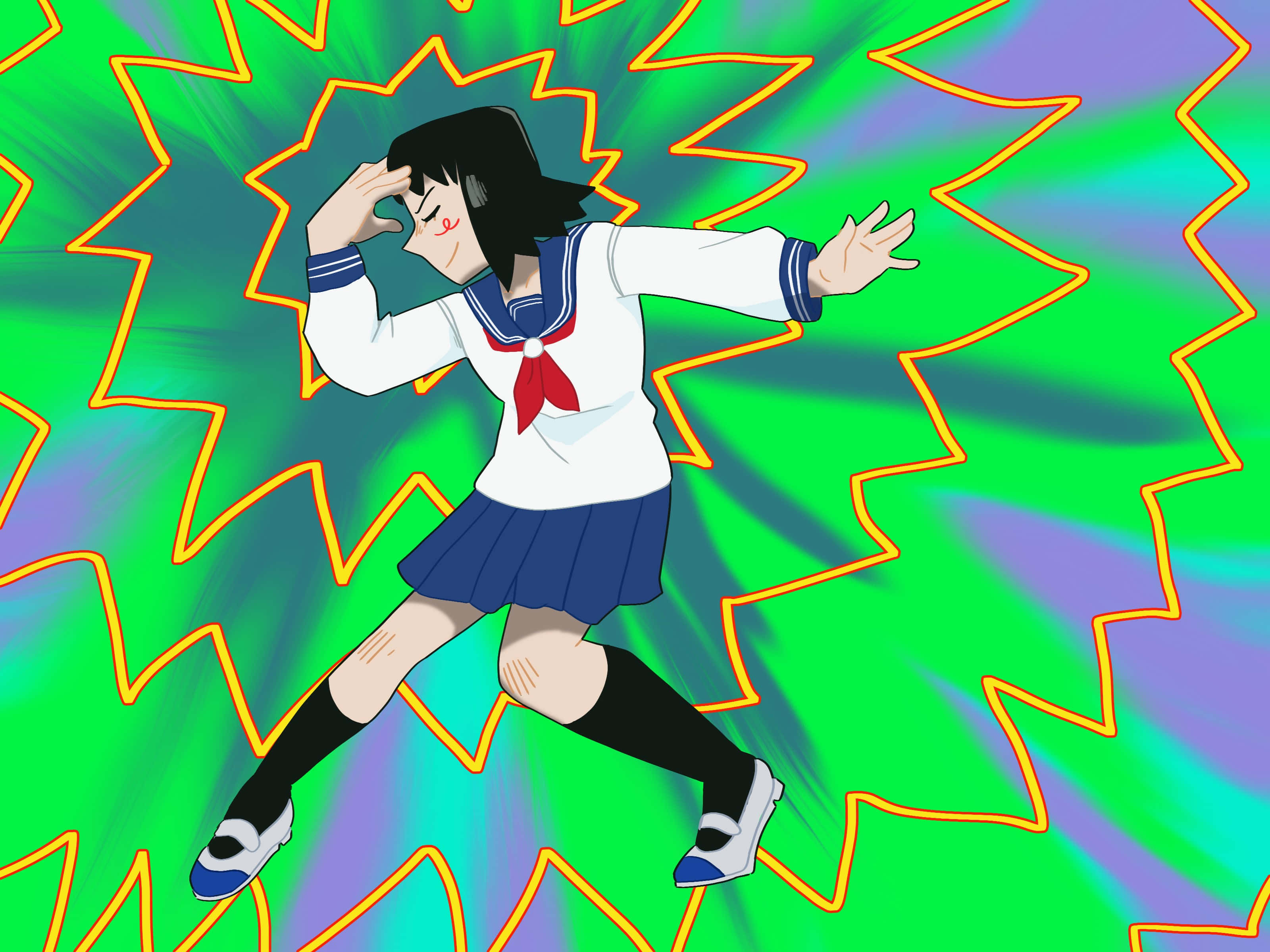 Tome Kurata 桌布 壁紙 — 一個穿著水手服的可愛動漫女孩在充滿活力的綠色和紫色鋸齒形背景下充滿活力地跳舞。