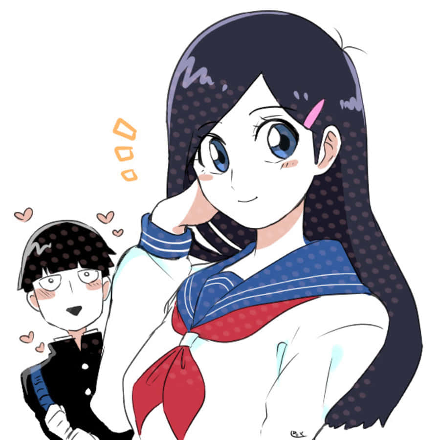 Tsubomi Takane 桌布 壁紙 — 一個穿著水手服的可愛動畫女孩微笑著，而一個較小的男孩周圍有愛心，崇拜地看著她。