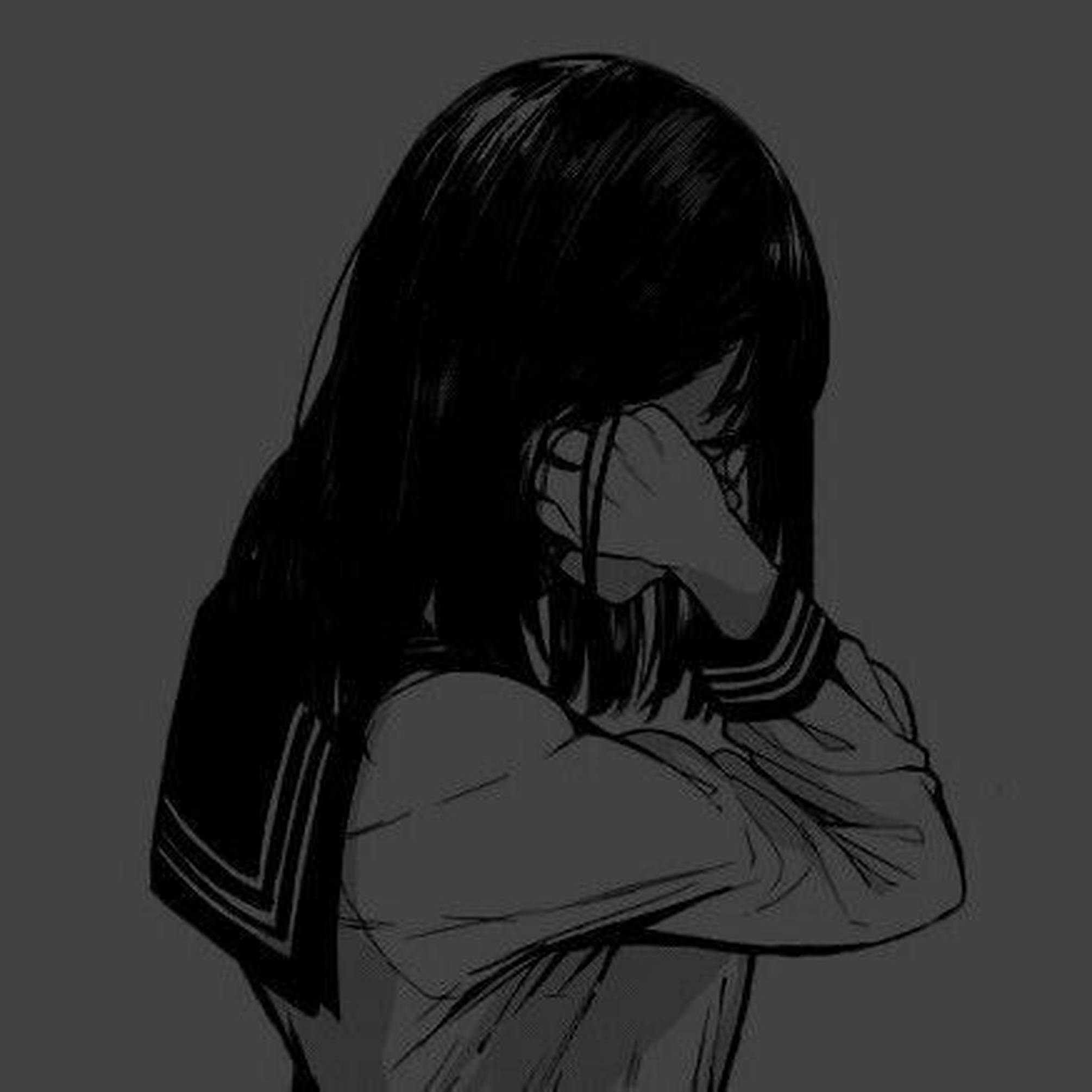 emo 頭像 桌布 壁紙 — 一個穿著水手服的單色動漫女孩在靜默悲傷的時刻用手遮住臉。