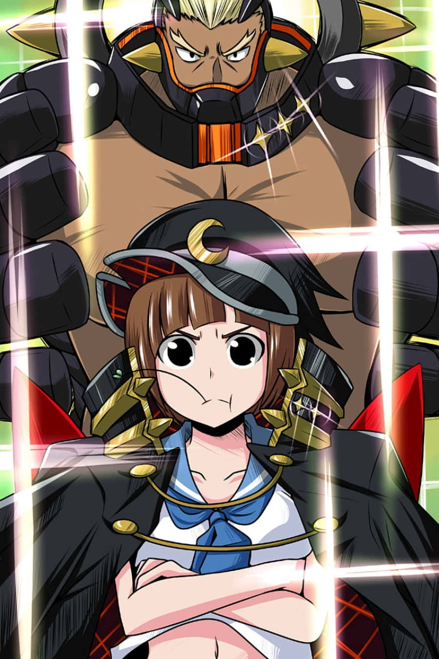 Ira Gamagoori 桌布 壁紙 — 一個穿著水手服的堅定動漫女孩，挑釁地站在一個散發著發光能量光束的高聳裝甲戰士面前。