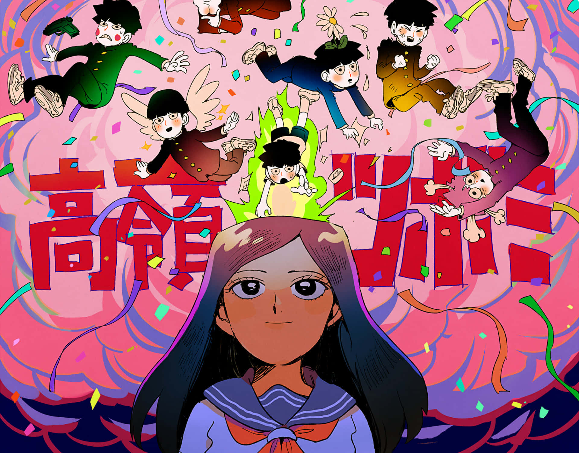Tsubomi Takane 桌布 壁紙 — 一個穿著水手服的女孩向前凝視，彩色紙屑在飄浮的動漫角色周圍旋轉，上方是粗體紅色日文字。