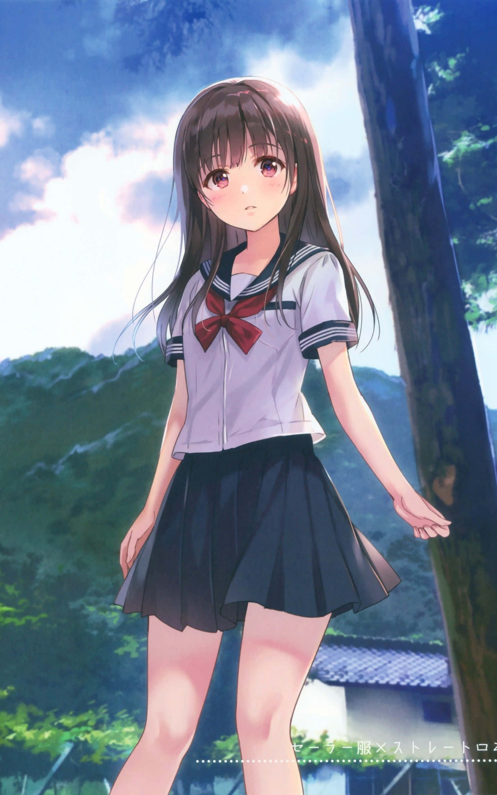 動漫 桌布 壁紙 — 一個穿著水手服的年輕動漫女孩站在樹旁，頭上是藍天白雲。