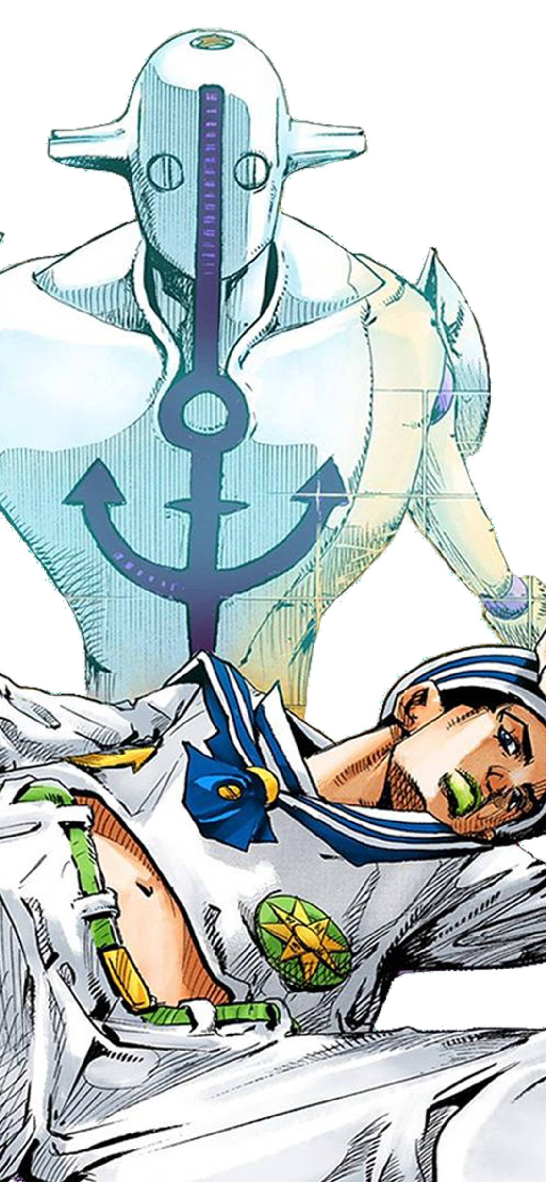 Jojo 桌布 壁紙 — 一個穿著水手服的漫畫風格動漫角色，在一個帶有錨標誌的龐大裝甲人物面前被打敗躺下。