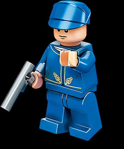 樂高 桌布 壁紙 — 一個穿著水手服的藍色LEGO迷你人偶在黑色背景前拿著一把銀色手槍。