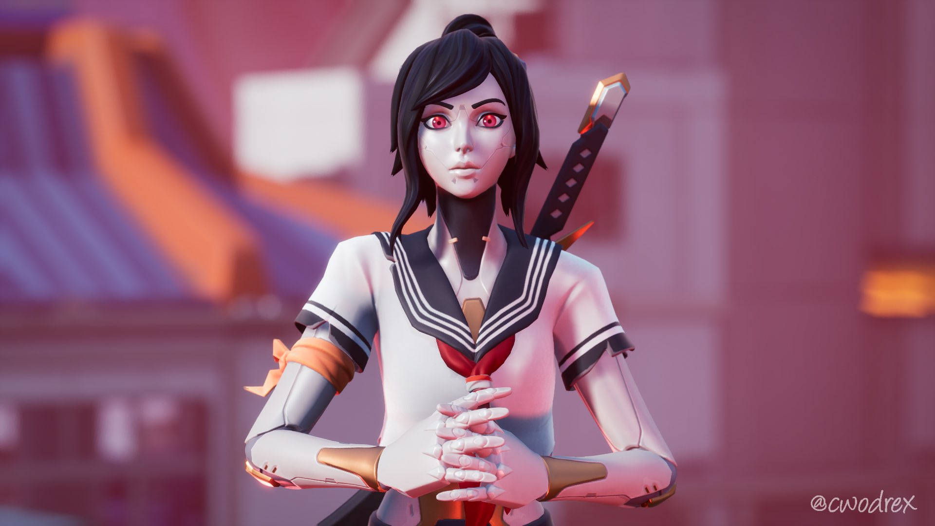 tsuki fortnite 桌布 壁紙 — 一個穿著水手服的賽博龐克動漫女孩，在模糊的城市背景下，手持武士刀，眼睛發出紅光。