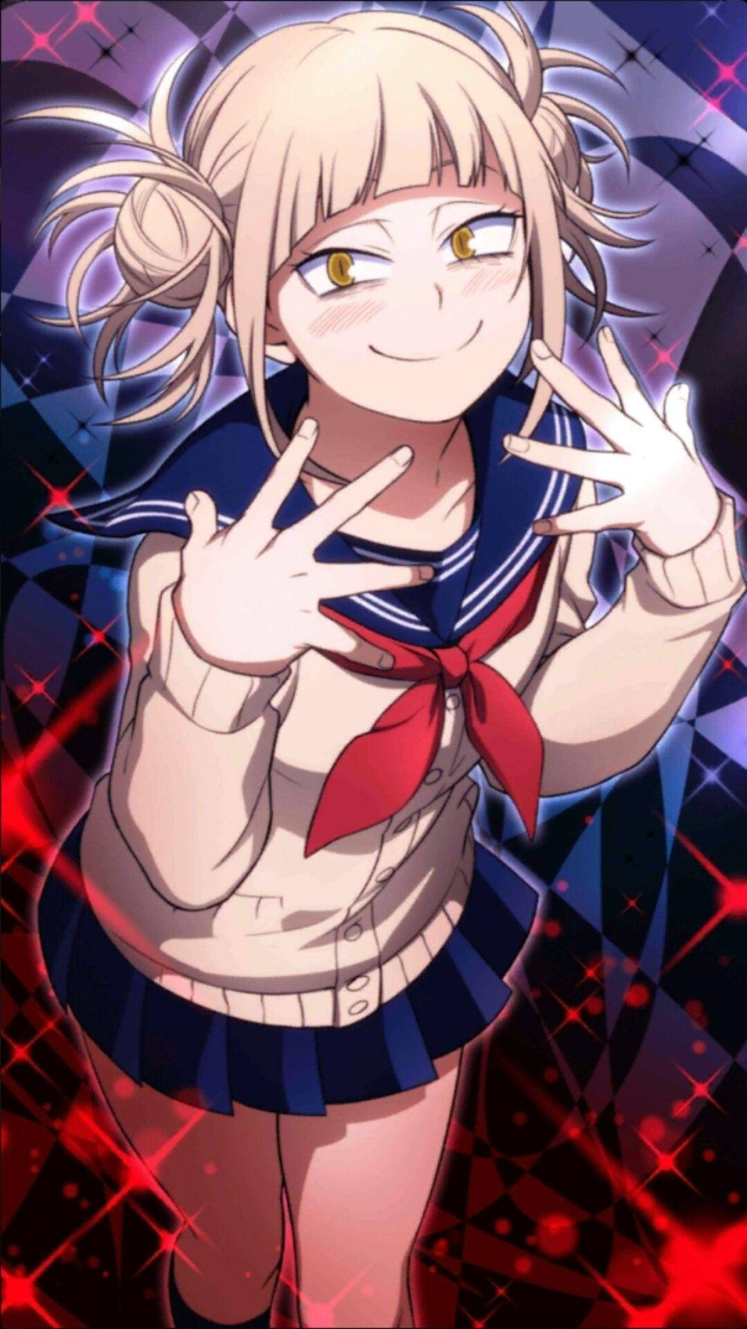 Toga 桌布 壁紙 — 一個穿著水手服的開朗動漫女孩，在閃爍的紅色和紫色背景前微笑並比出和平手勢。