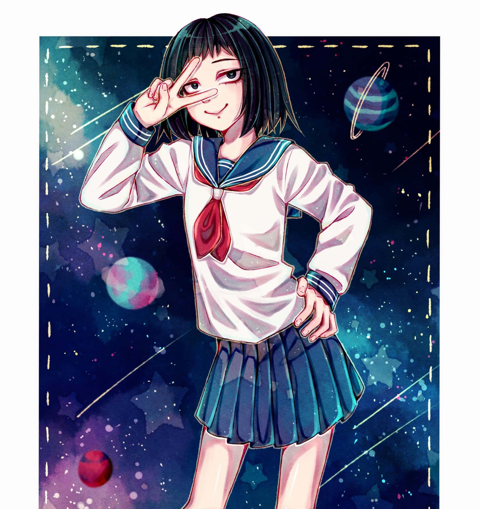 Tome Kurata 桌布 壁紙 — 一個穿著水手服的開朗動漫女孩在充滿活力的宇宙背景下敬禮，背景有發光的行星和星星。