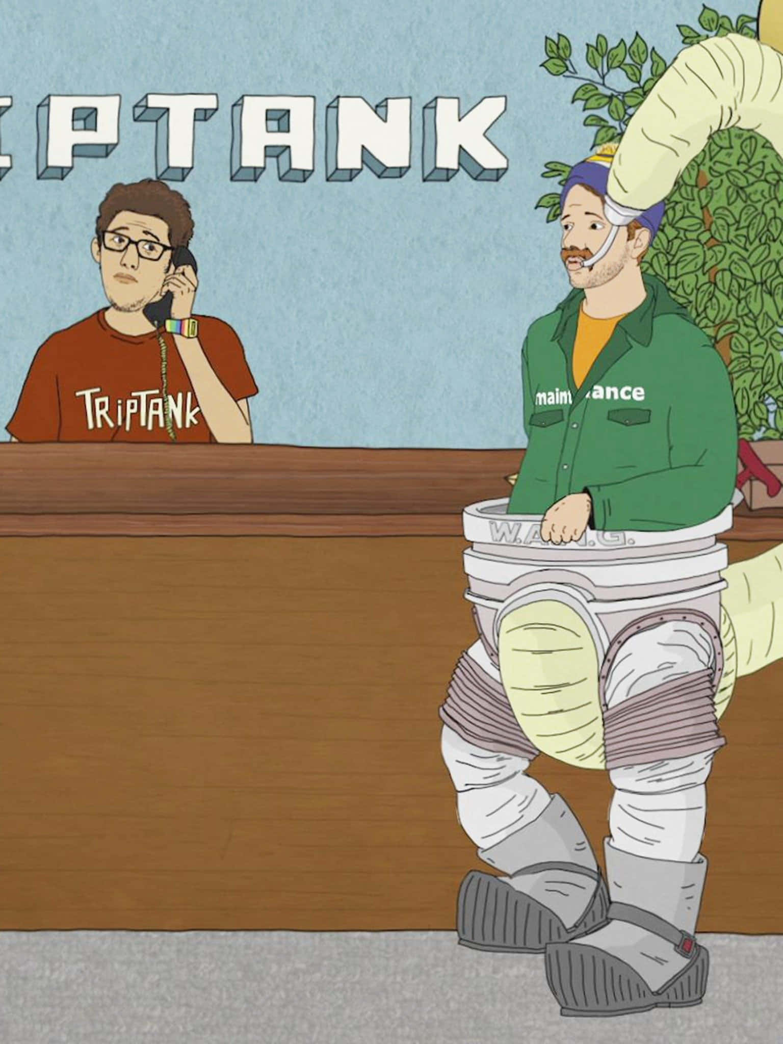 Animated 桌布 壁紙 — 一個穿著水桶裝的卡通維修工人站在接待員旁邊，接待員坐在有「TANK」標誌的桌子前。