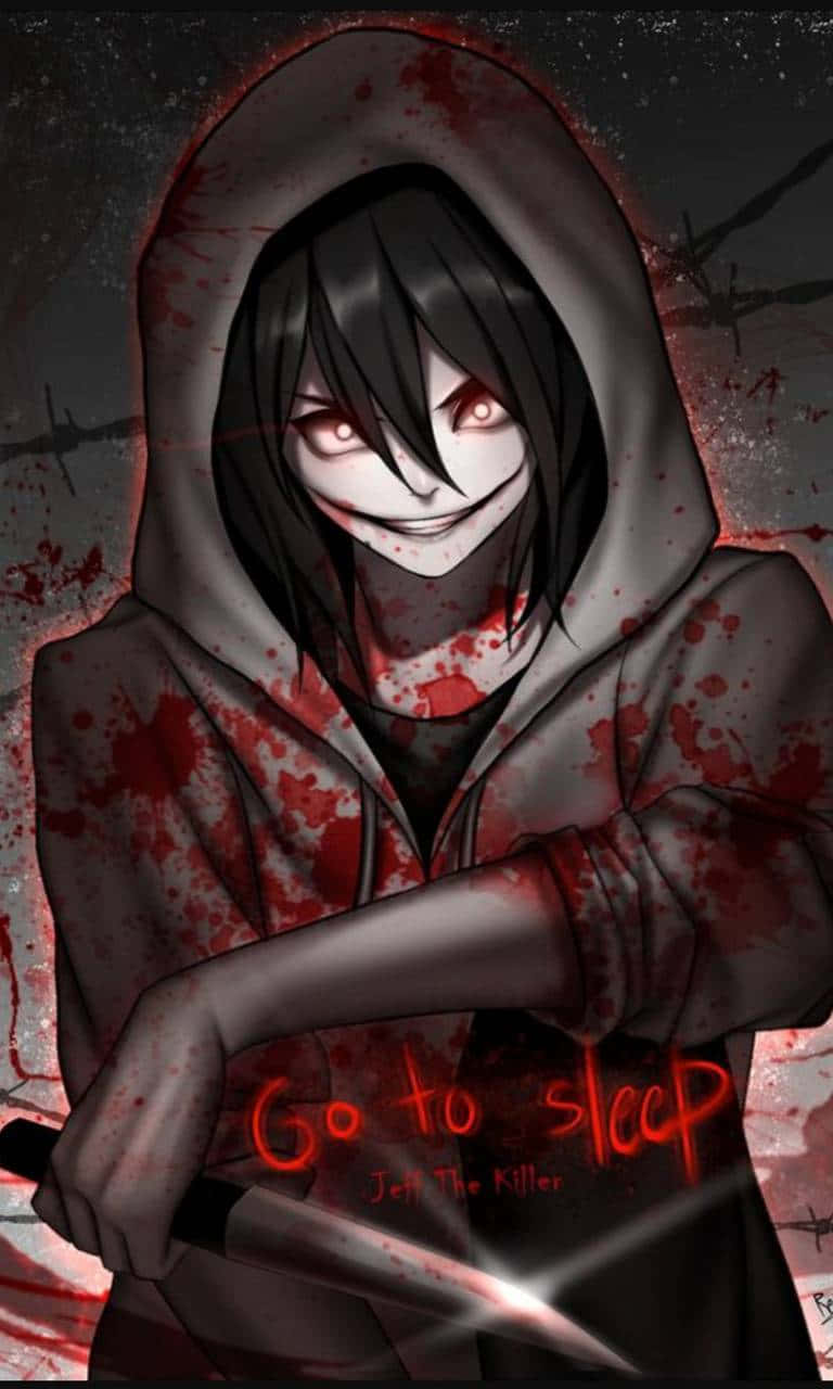 Jeff The Killer 桌布 壁紙 — 一個穿著沾滿血跡連帽衫的威脅性動漫角色，手持刀具，眼睛發出紅光，露出邪惡的笑容。