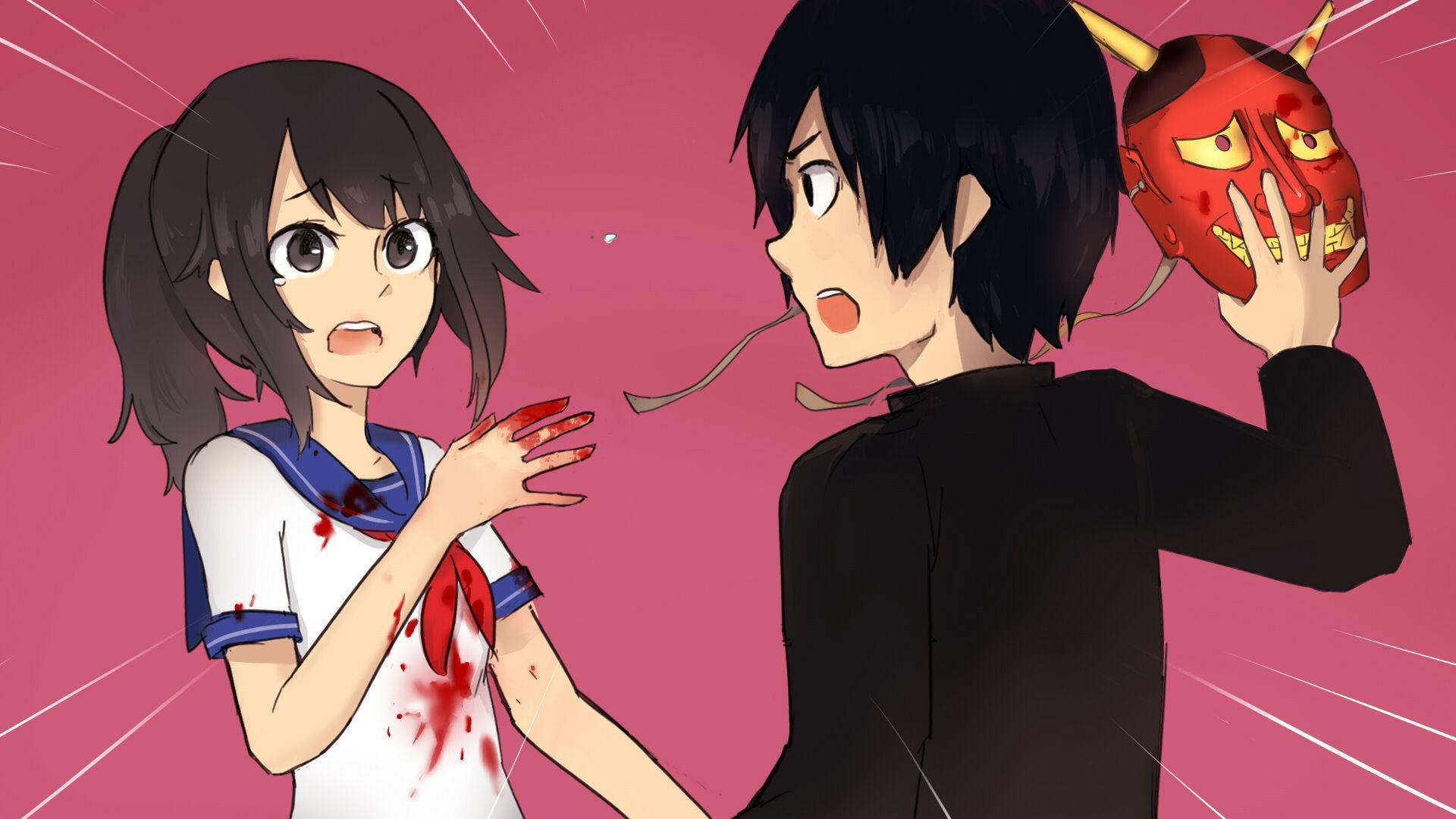 Yandere 桌布 壁紙 — 一個穿著沾血水手服的動畫女孩震驚地凝視著一個男孩在充滿活力的粉紅色背景前舉起一個紅色惡魔面具。