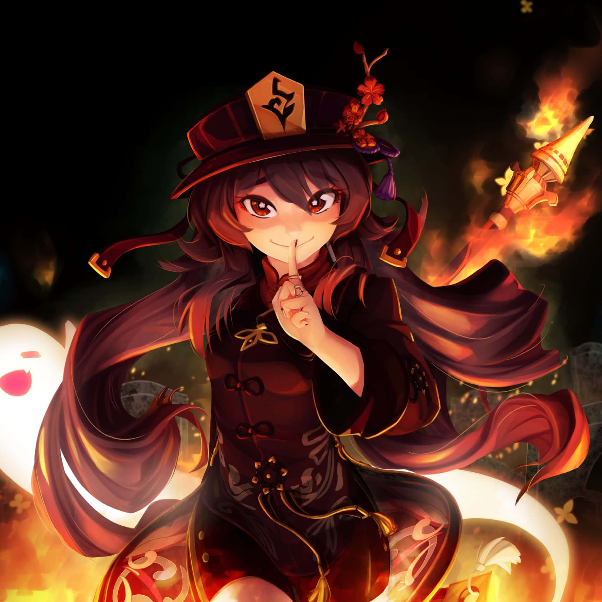 胡桃 桌布 壁紙 — 一個穿著深紅色服裝的開朗動畫女孩眨眼並將手指放在嘴唇上，同時在火熱的背景中揮舞著火焰長矛。