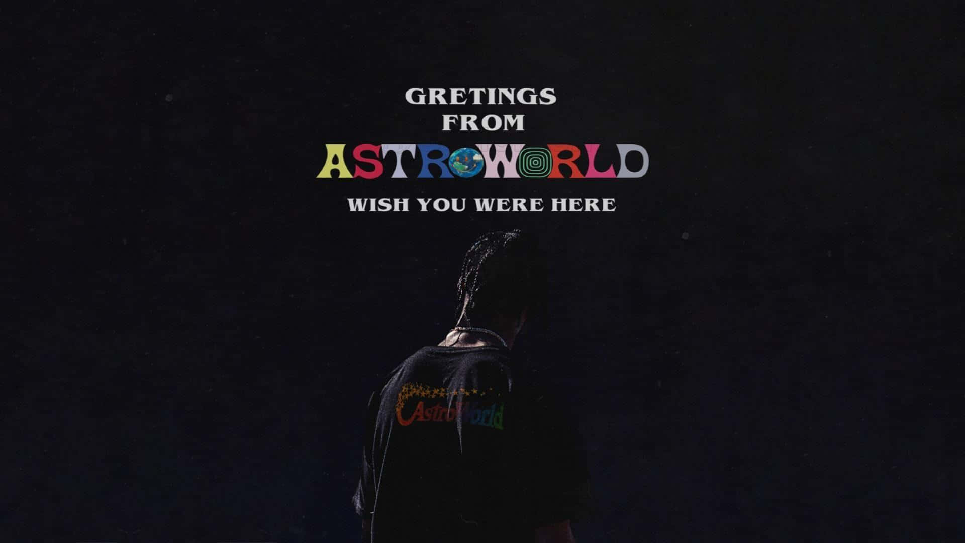 Astroworld 桌布 壁紙 — 一個穿著深色T恤的人背對著觀眾，站在星空下，上方有色彩繽紛的「Greetings from Astroworld」文字。