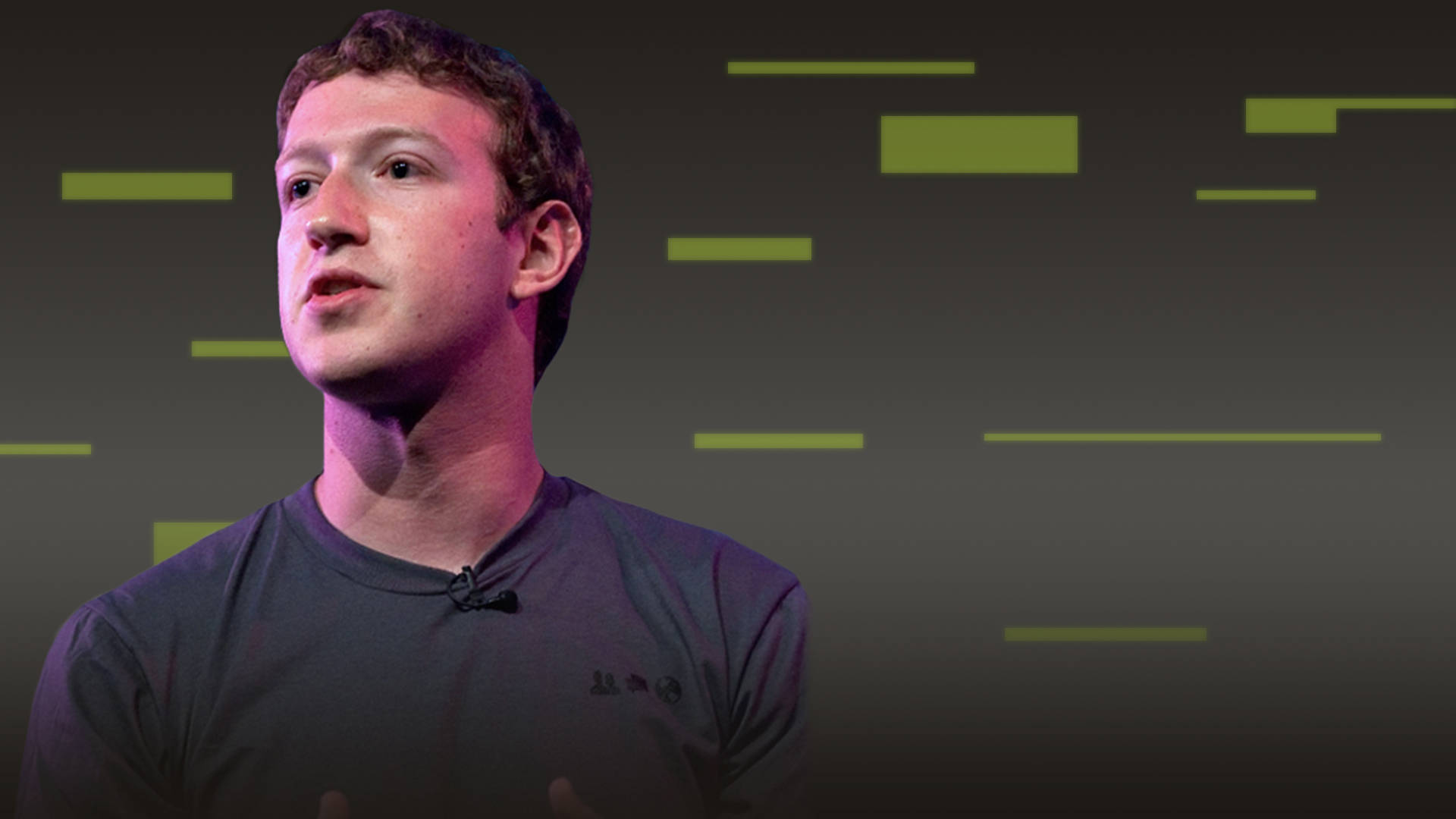 Zuckerberg 桌布 壁紙 — 一個穿著深色T恤的男人站在深色背景前，背景有發光的綠色水平條紋。