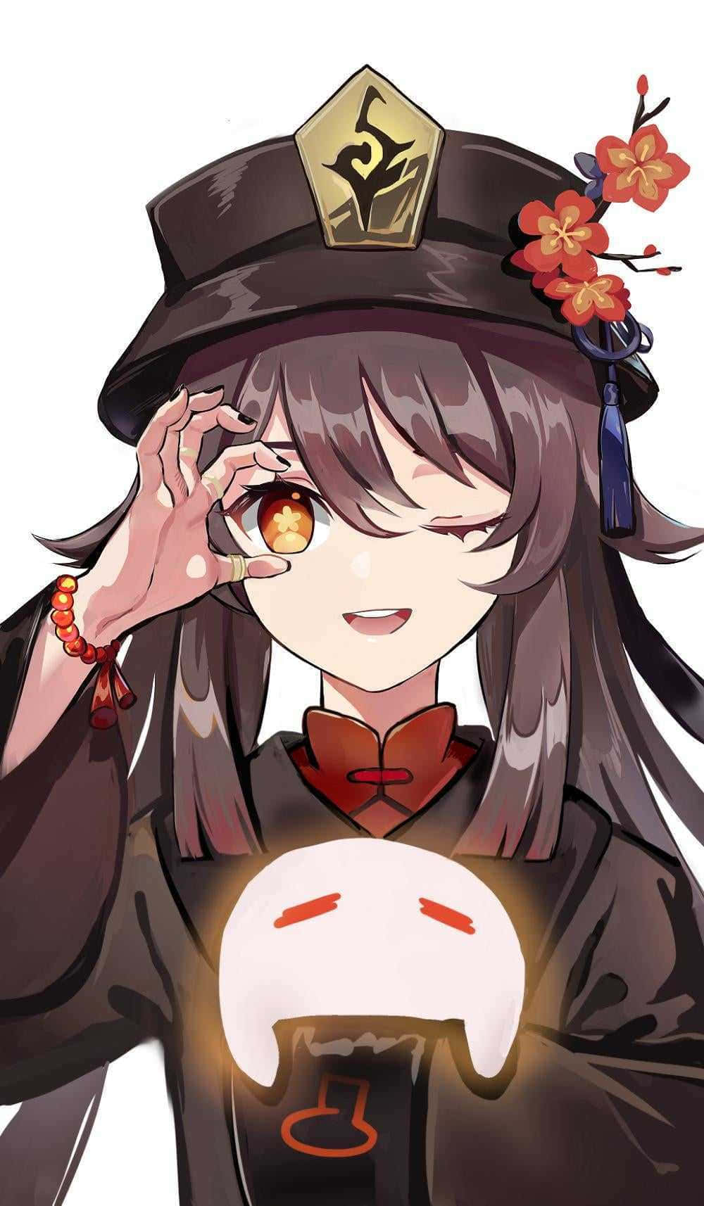胡桃 桌布 壁紙 — 一個穿著深色制服、帶著櫻花的開朗動畫女孩，舉起她發光的眼睛，同時拿著一個發光的燈籠。