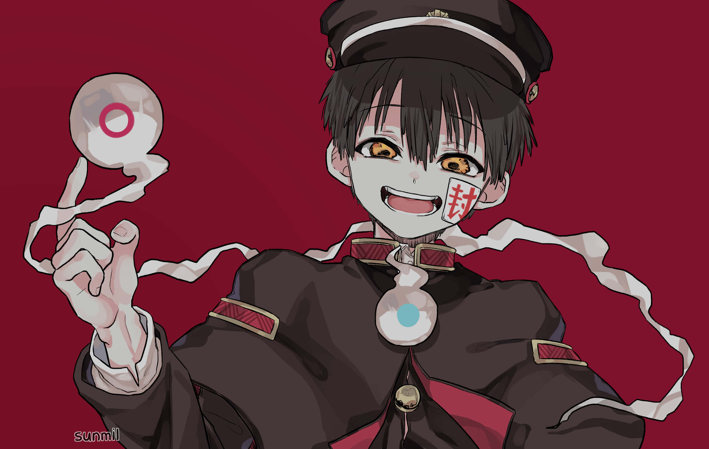 動漫男孩 桌布 壁紙 — 一個穿著深色制服、開朗的動畫男孩，在深紅色背景上拿著一個帶有絲帶的發光球體。