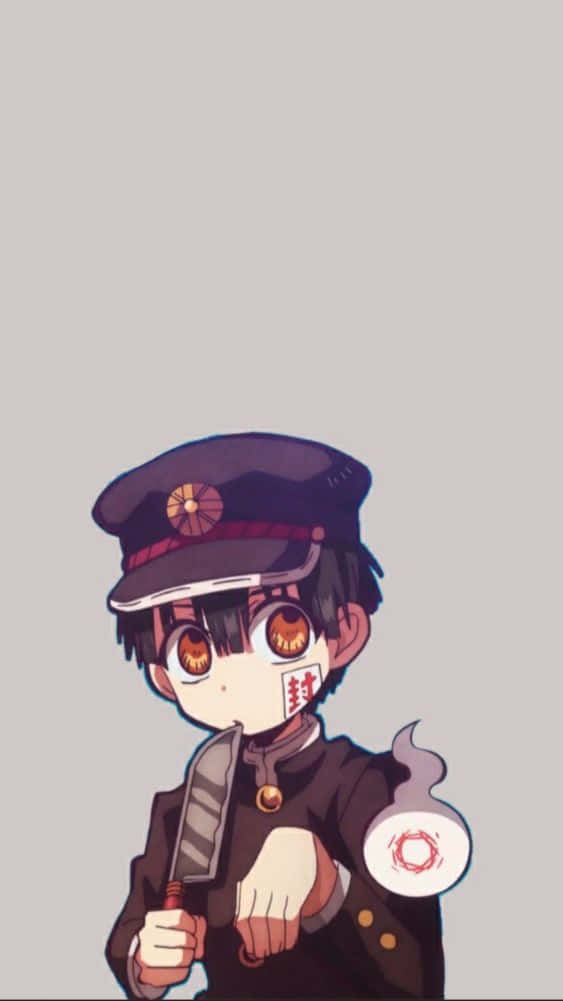 Hanako Kun 桌布 壁紙 — 一個穿著深色制服和帽子的Q版動畫男孩，臉頰上有發光的紅色印記，手持一把刀，背景為純灰色。