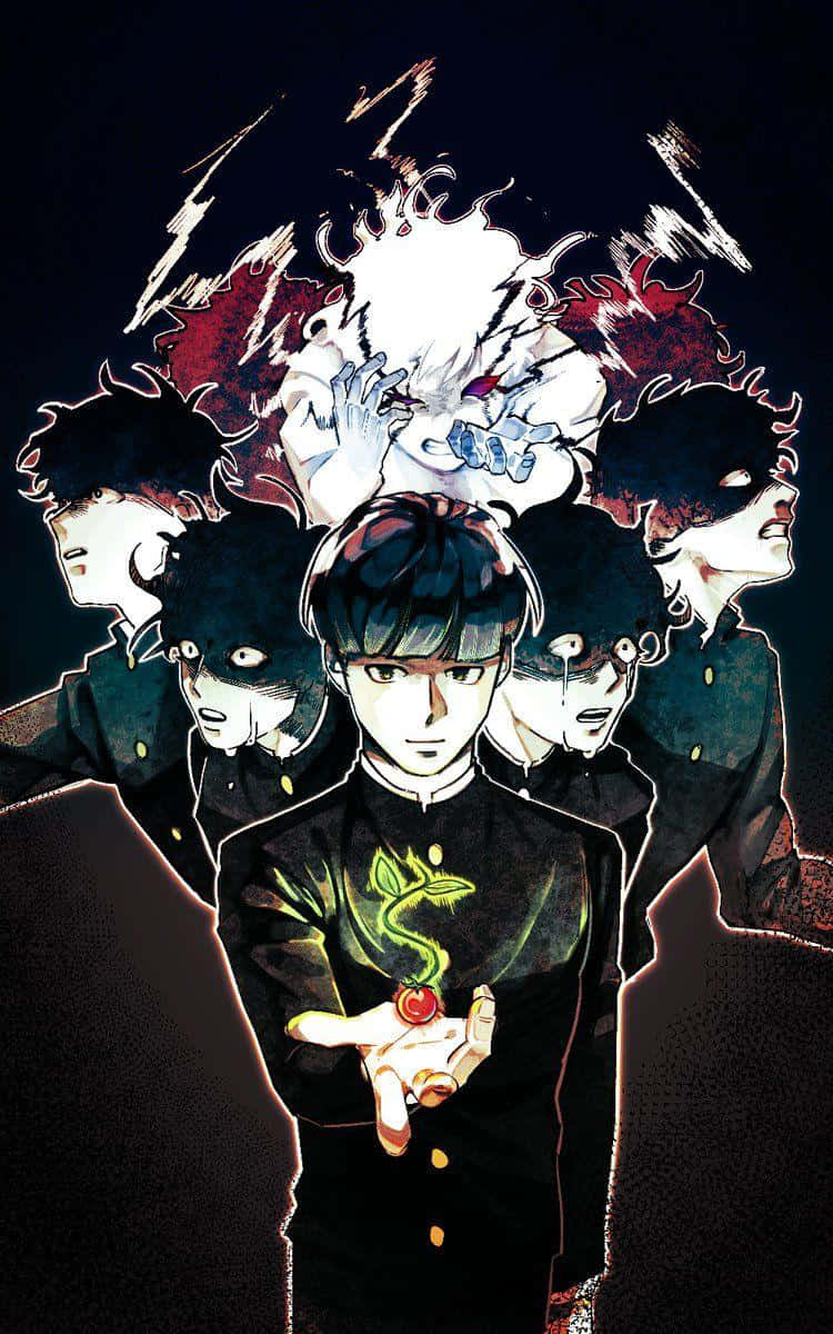 Shigeo Kageyama 桌布 壁紙 — 一個穿著深色制服的中心動畫男孩手持發光紅色球體，被有發光眼睛的陰影人物包圍，背景為黑色。