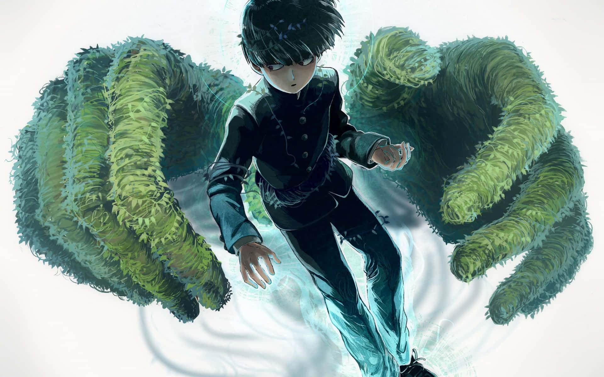 動漫 桌布 壁紙 — 一個穿著深色制服的年輕動漫男孩站在兩隻巨大的綠色苔蘚手之間，這些手在明亮的白色背景下散發著能量光芒。