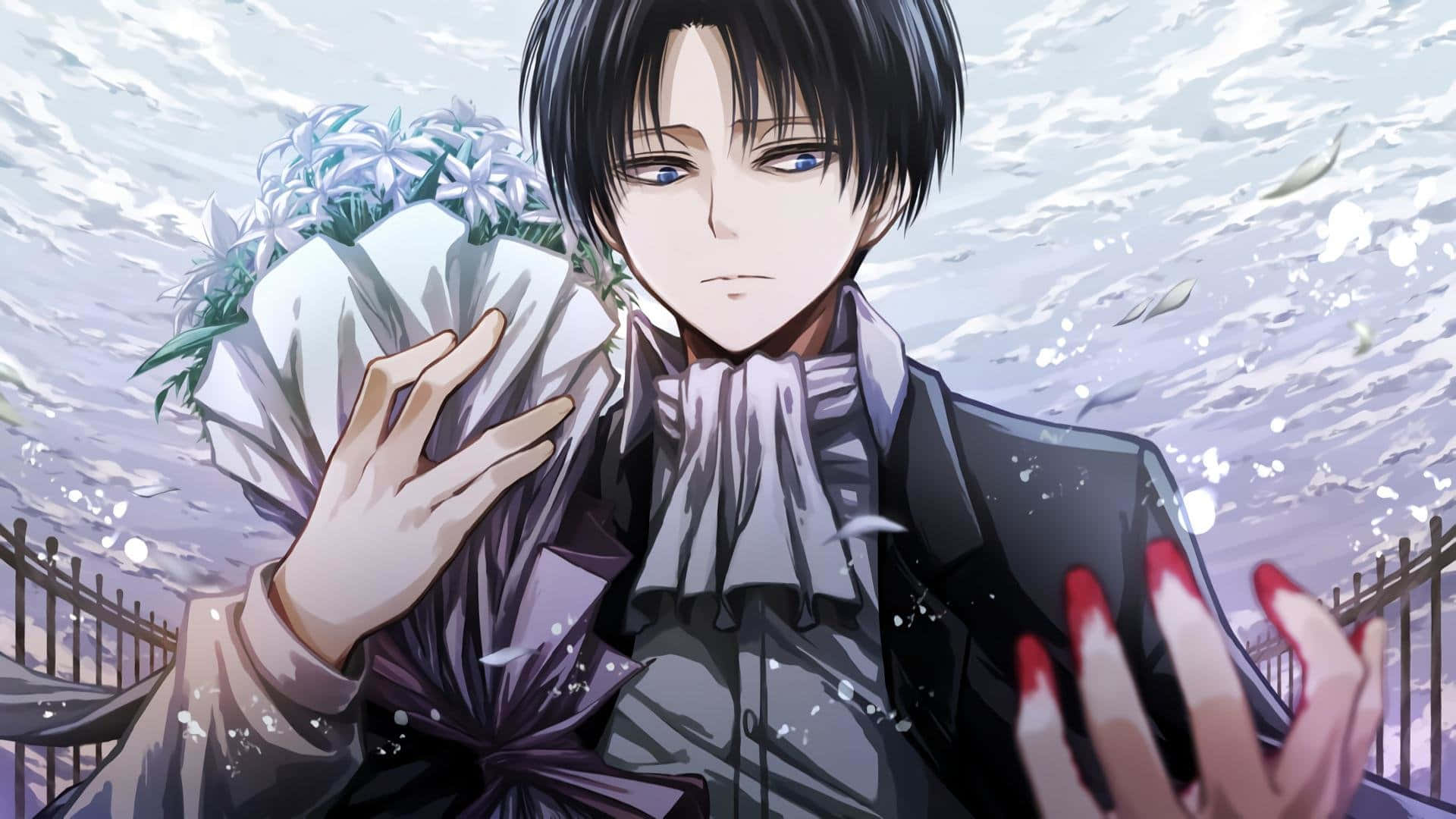 Levi Ackerman Desktop 桌布 壁紙 — 一個穿著深色外套的嚴肅動漫男孩，在旋轉的紫色天空和飄落的花瓣中，手持一束白色鮮花。