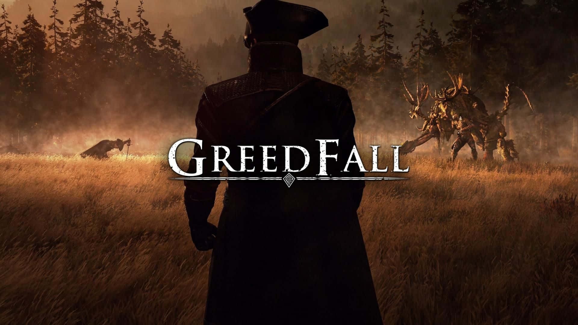 1920x1080 Greedfall 桌布 壁紙 — 一個穿著深色外套的孤獨身影站在霧氣瀰漫的田野中，面對著戲劇性奇幻遊戲場景中的怪獸。