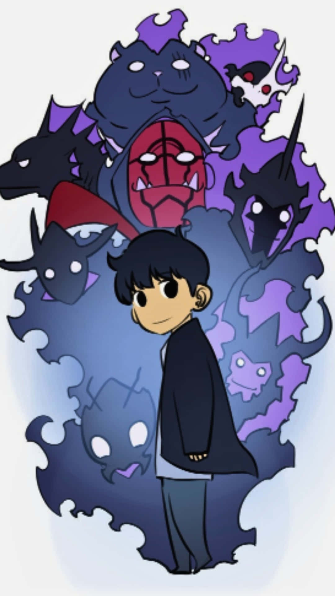 Sung jinwoo and goofy shadows 壁紙 — 一個穿著深色外套的小男孩平靜地站著，周圍環繞著旋轉的紫色和藍色卡通怪物群。