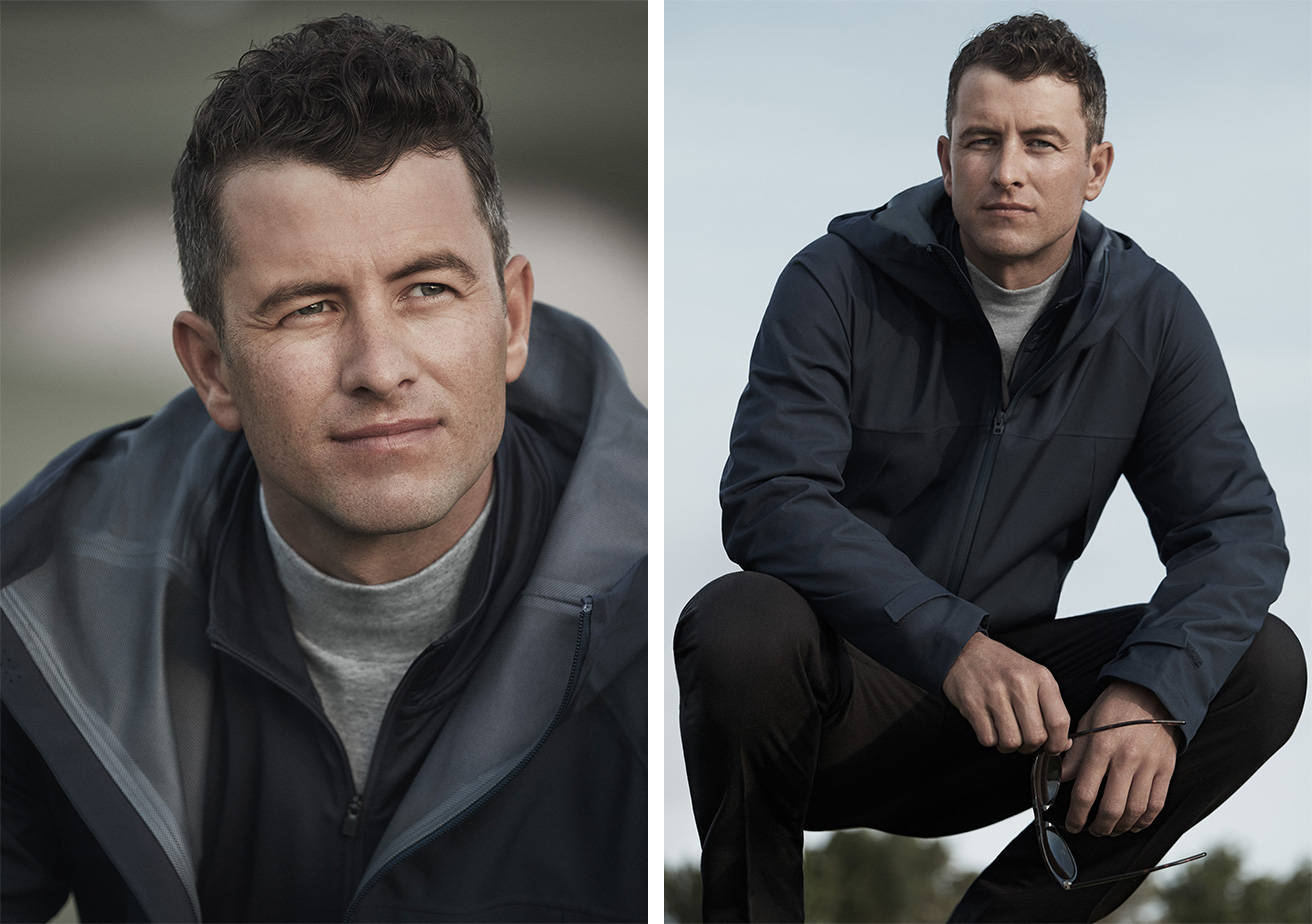 adam scott 桌布 壁紙 — 一個穿著深色外套的男人，在兩個對比鏡頭中擺出自信的眼神，一個是特寫，另一個是戶外蹲著。