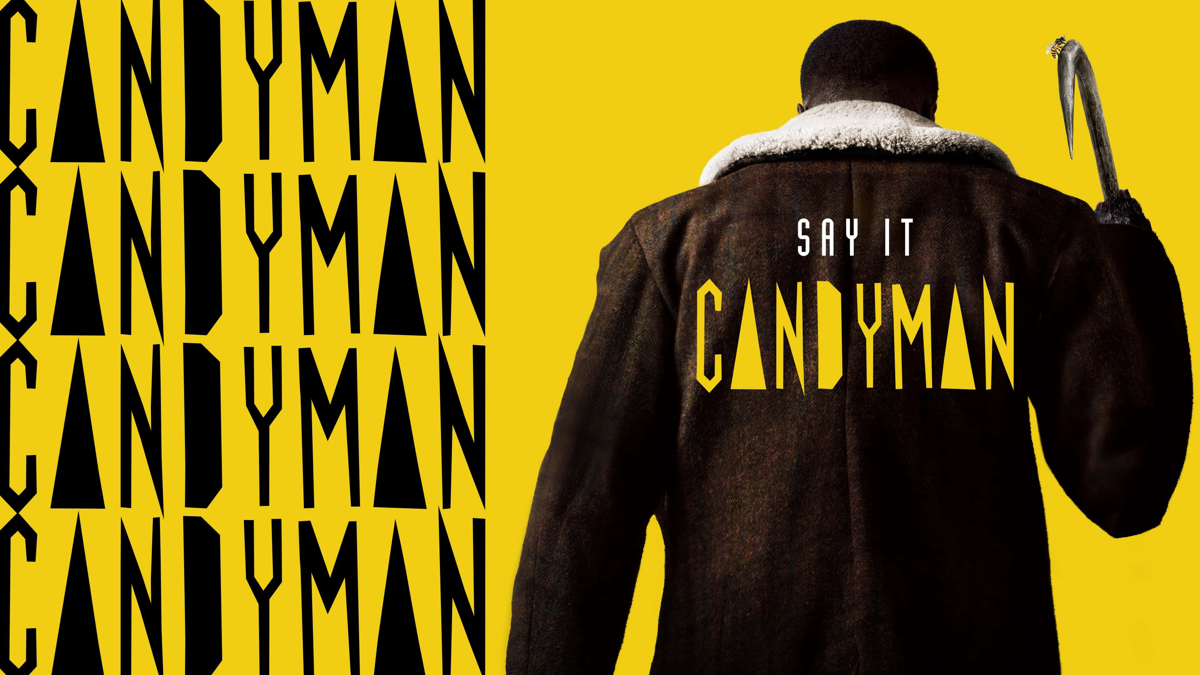 Candyman 桌布 壁紙 — 一個穿著深色外套的男人，背後有「CANDYMAN」字樣，手持鉤子，背景是鮮黃色，上面有重複的黑色文字。
