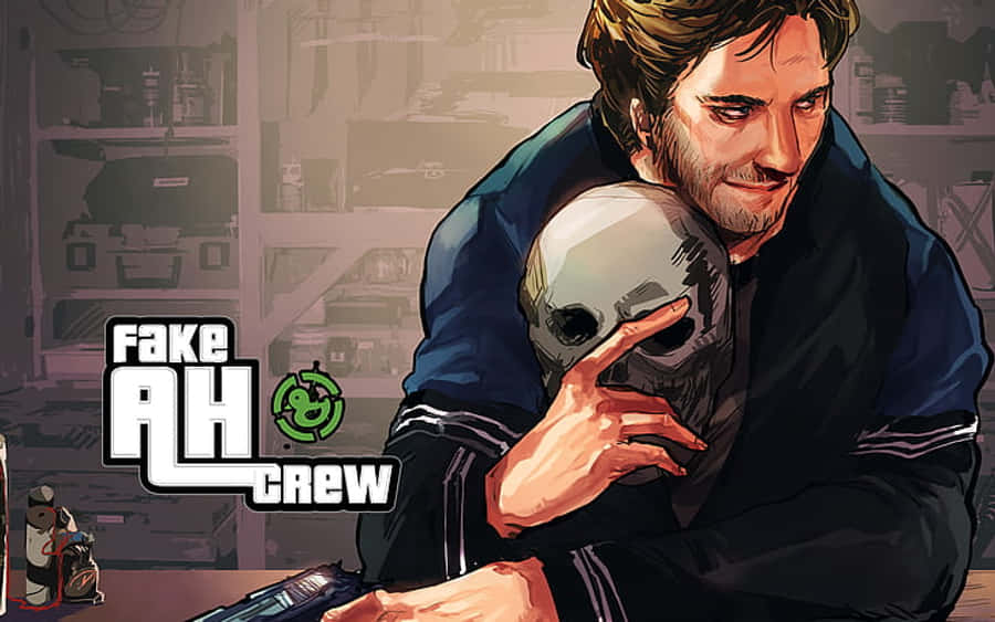 achievement hunter 桌布 壁紙 — 一個穿著深色外套的男人在光線昏暗、雜亂的房間裡，輕輕地將一個頭骨抱在胸前。