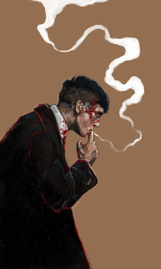bad 桌布 壁紙 — 一個穿著深色外套的男人在棕色背景前抽煙，臉上和衣服上都有血跡。