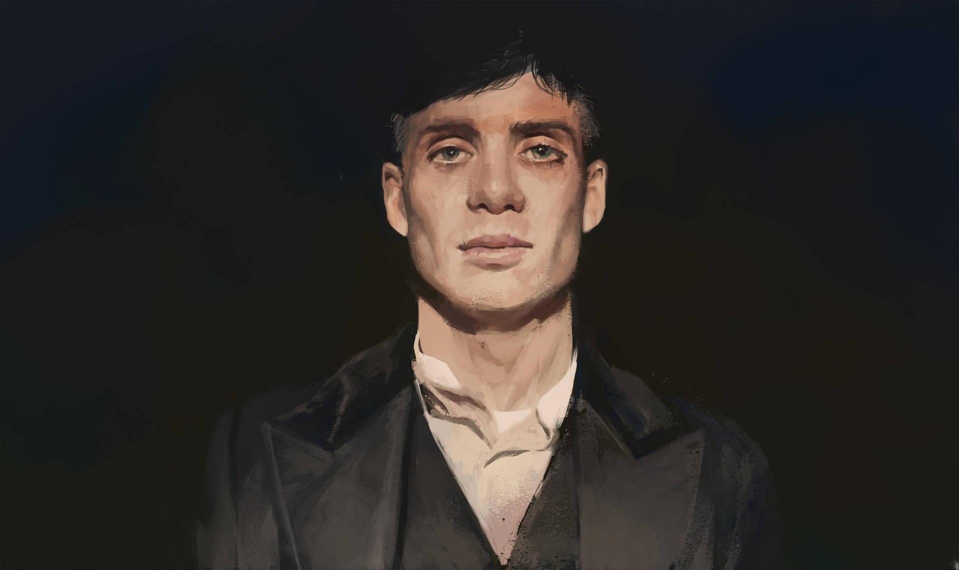 一個穿著深色外套、表情嚴肅的男人，背景為黑色。 — Peaky Blinders 壁紙