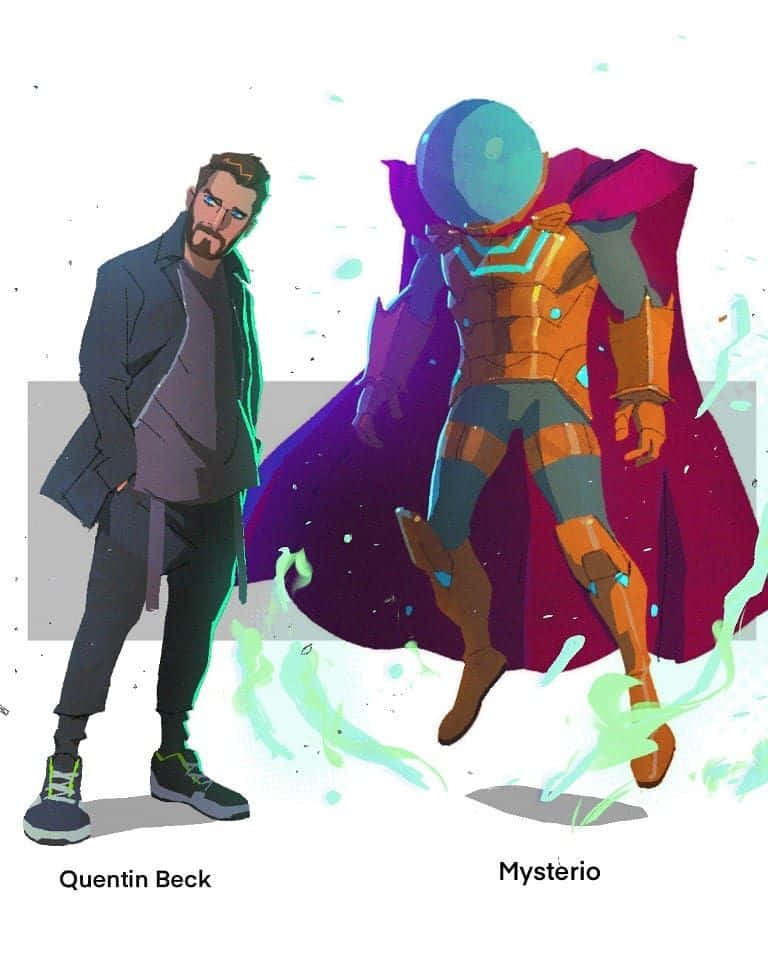 Masters Of Evil 桌布 壁紙 — 一個穿著深色外套的男人站在一個發光的裝甲人物旁邊，該人物戴著藍色頭盔和紫色斗篷。