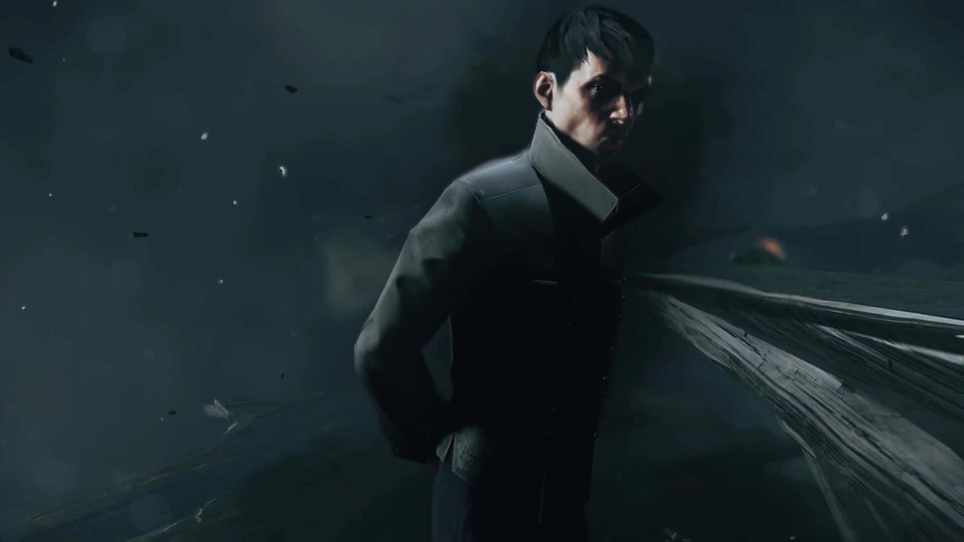 character 桌布 壁紙 — 一個穿著深色外套的男人站在暴風雨的夜晚，碎片在他周圍飛舞。