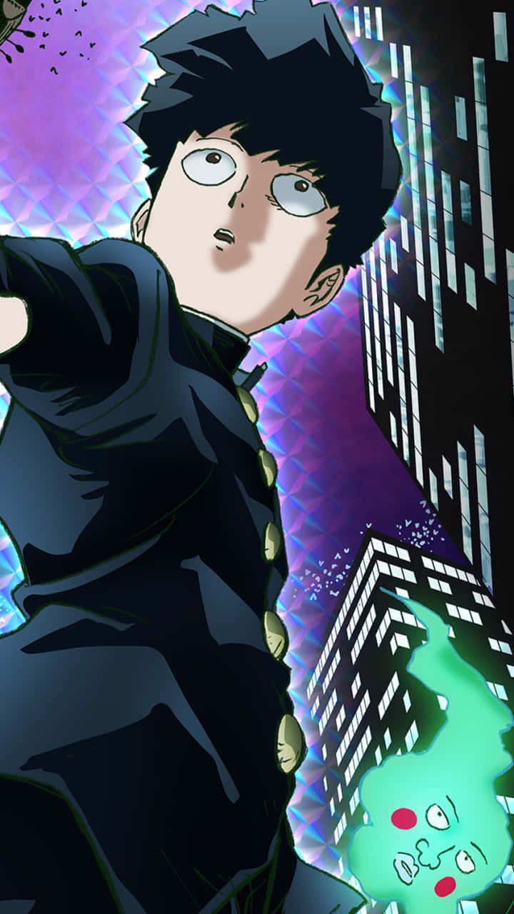 動漫 桌布 壁紙 — 一個穿著深色外套的驚訝動漫男孩站在發光的紫色建築物前，下方有一個綠色的幽靈般身影。