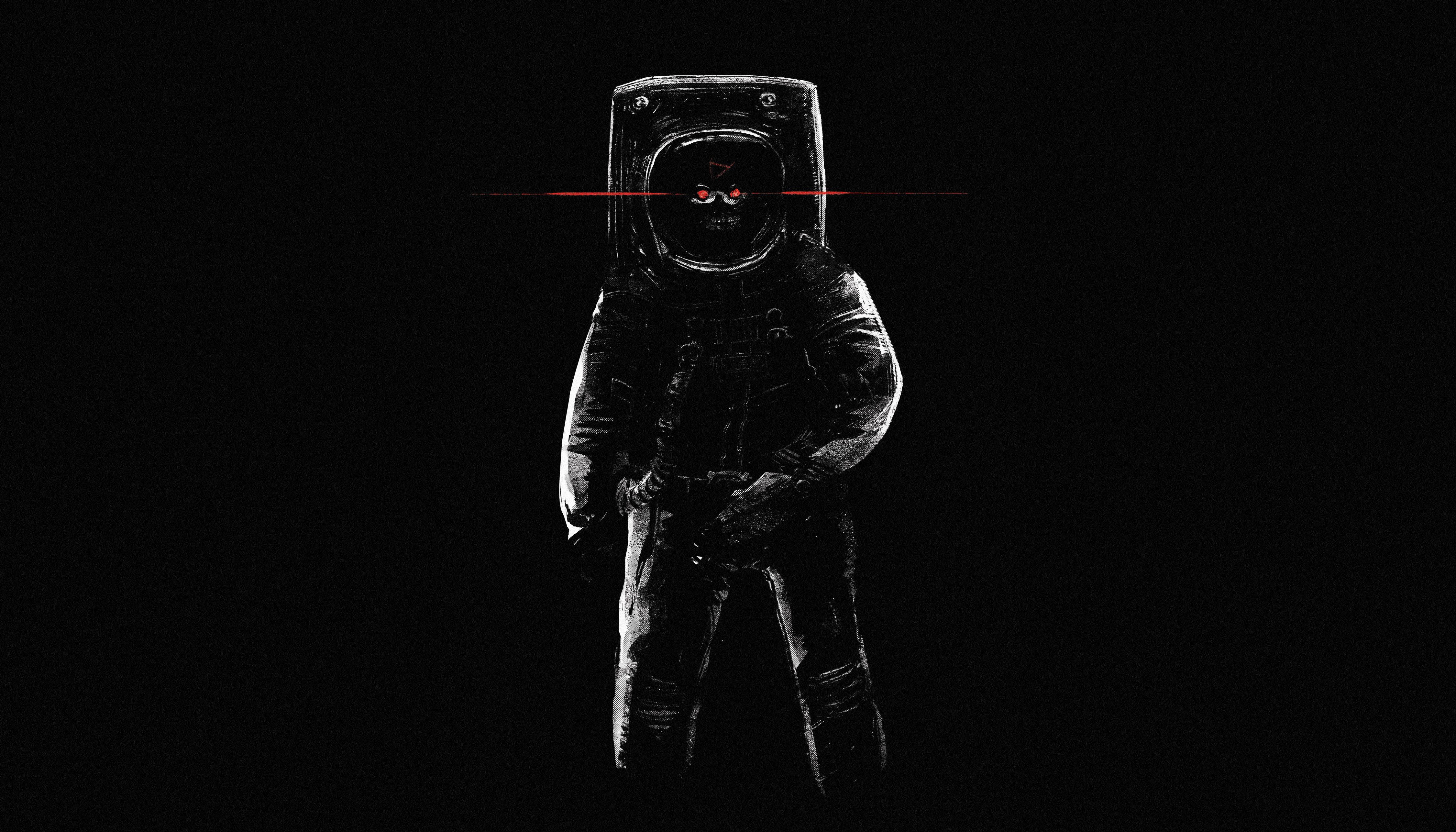 astronaut aesthetic 桌布 壁紙 — 一個穿著深色太空衣、帶有發光紅眼的威脅性太空人，透過頭盔面罩凝視著黑色虛空。