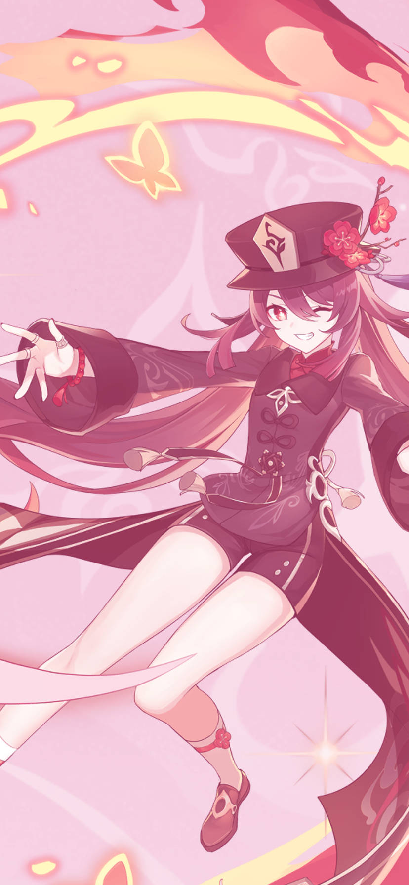 Genshin 桌布 壁紙 — 一個穿著深色服裝和高帽的開朗動漫女孩，在旋轉的粉紅色和黃色能量中與發光的蝴蝶共舞。
