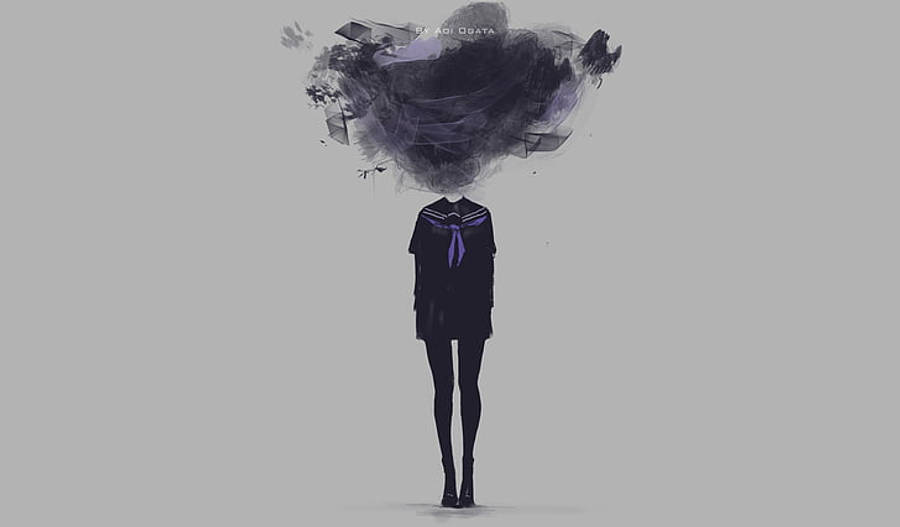 Girl Boss 桌布 壁紙 — 一個穿著深色校服的身影站立著，頭部被一團旋轉的碎片形狀和深紫色煙霧取代。