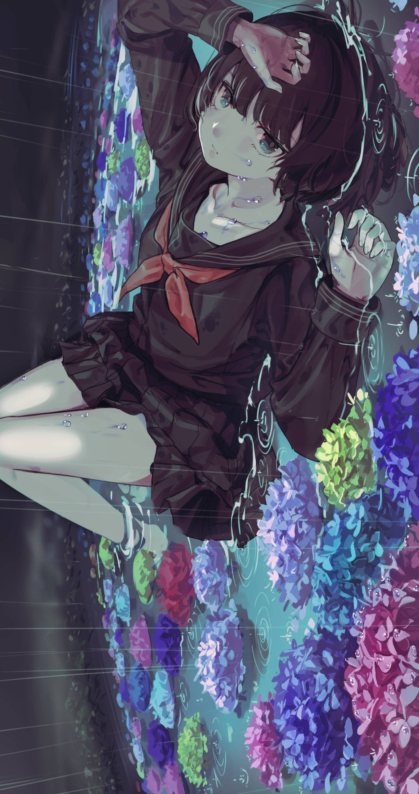 動漫女孩 桌布 壁紙 — 一個穿著深色水手服的年輕動漫女孩在雨中漂浮在充滿活力的紫色、粉紅色和綠色繡球花之間。