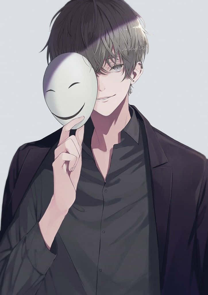 動漫男孩 桌布 壁紙 — 一個穿著深色衣服的年輕動漫男子在純色背景前將白色笑臉面具舉在臉的一半位置。