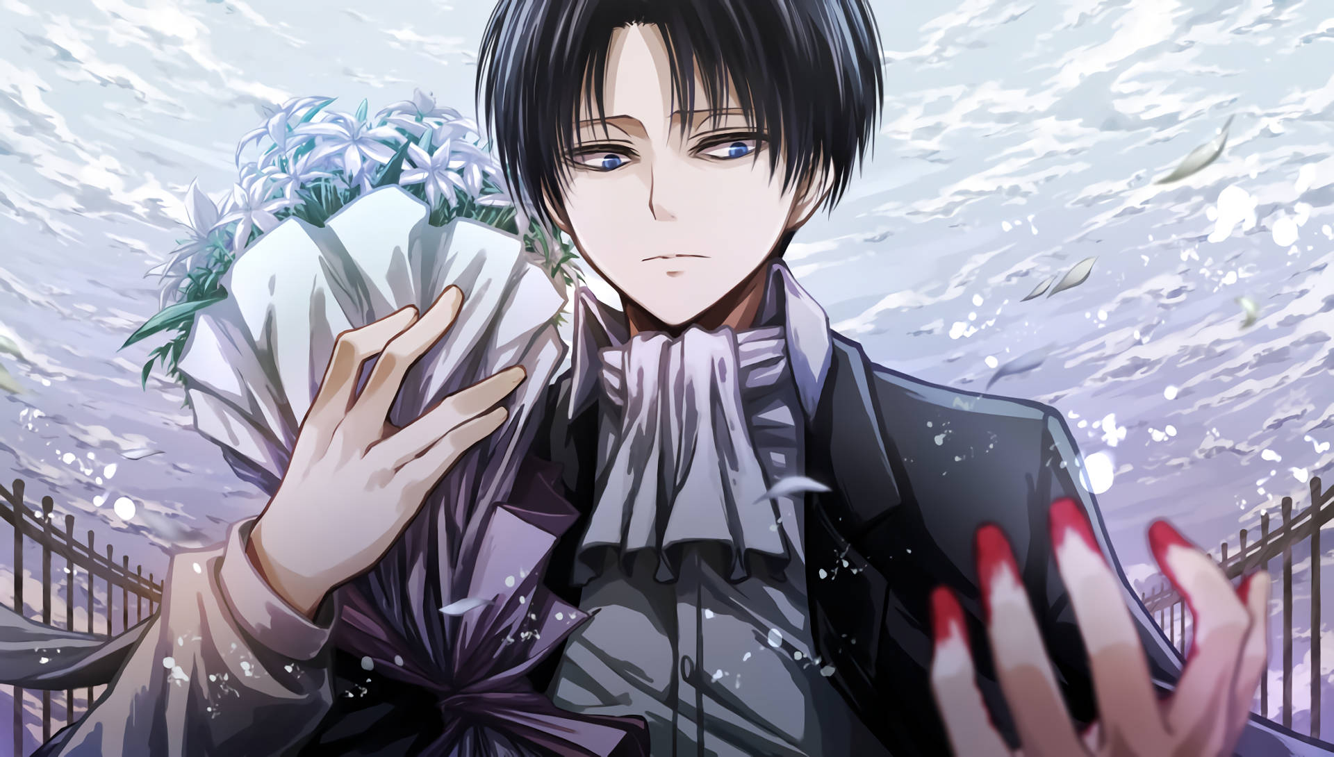 levi aesthetic 桌布 壁紙 — 一個穿著深色西裝的嚴肅動畫男孩，在旋轉的紫色天空和飄落的花瓣中，手持一束白色鮮花。