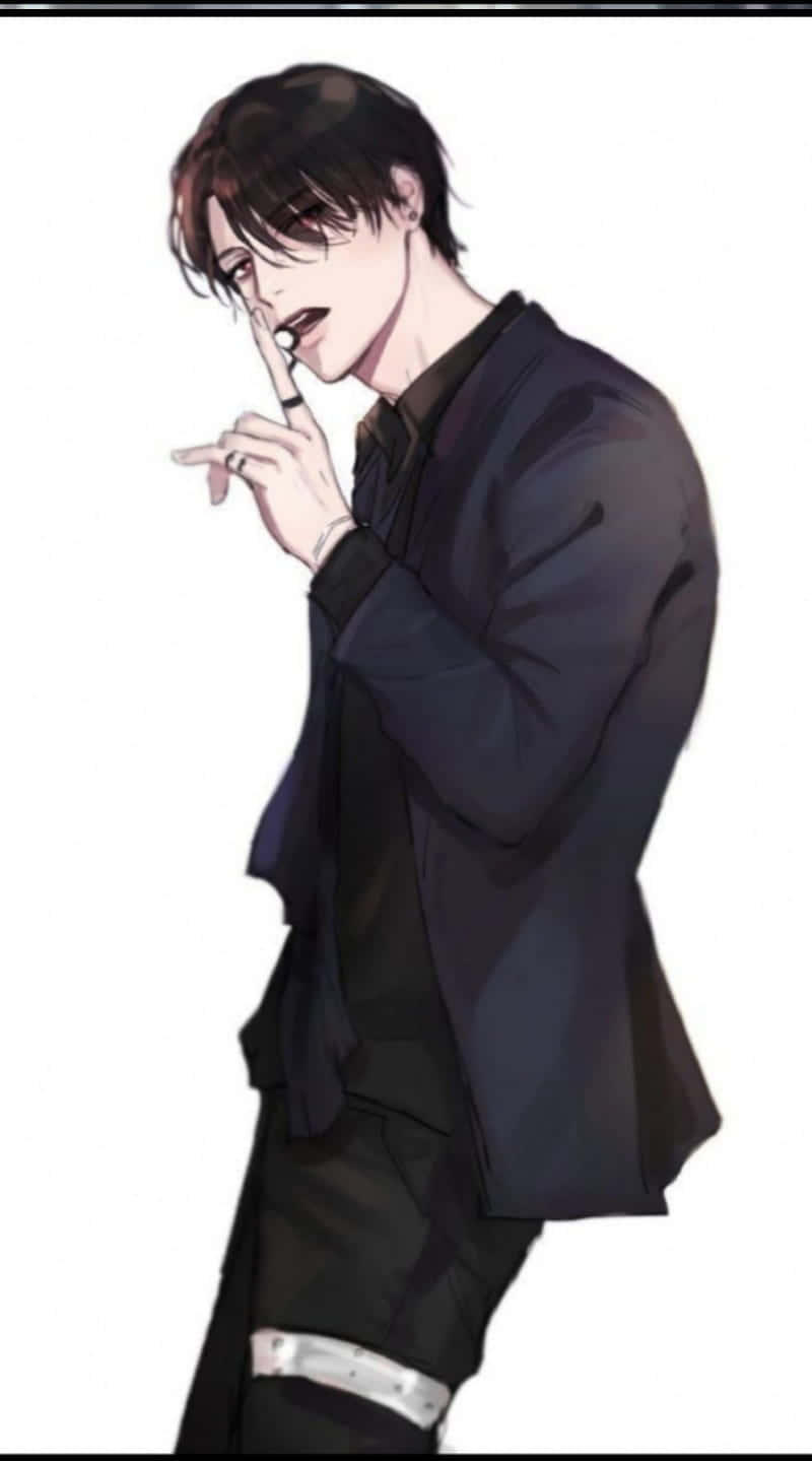 桌布 壁紙 — 一個穿著深色西裝的時尚動漫男子，在純白色背景前將手指放在嘴唇上做出安靜的手勢。