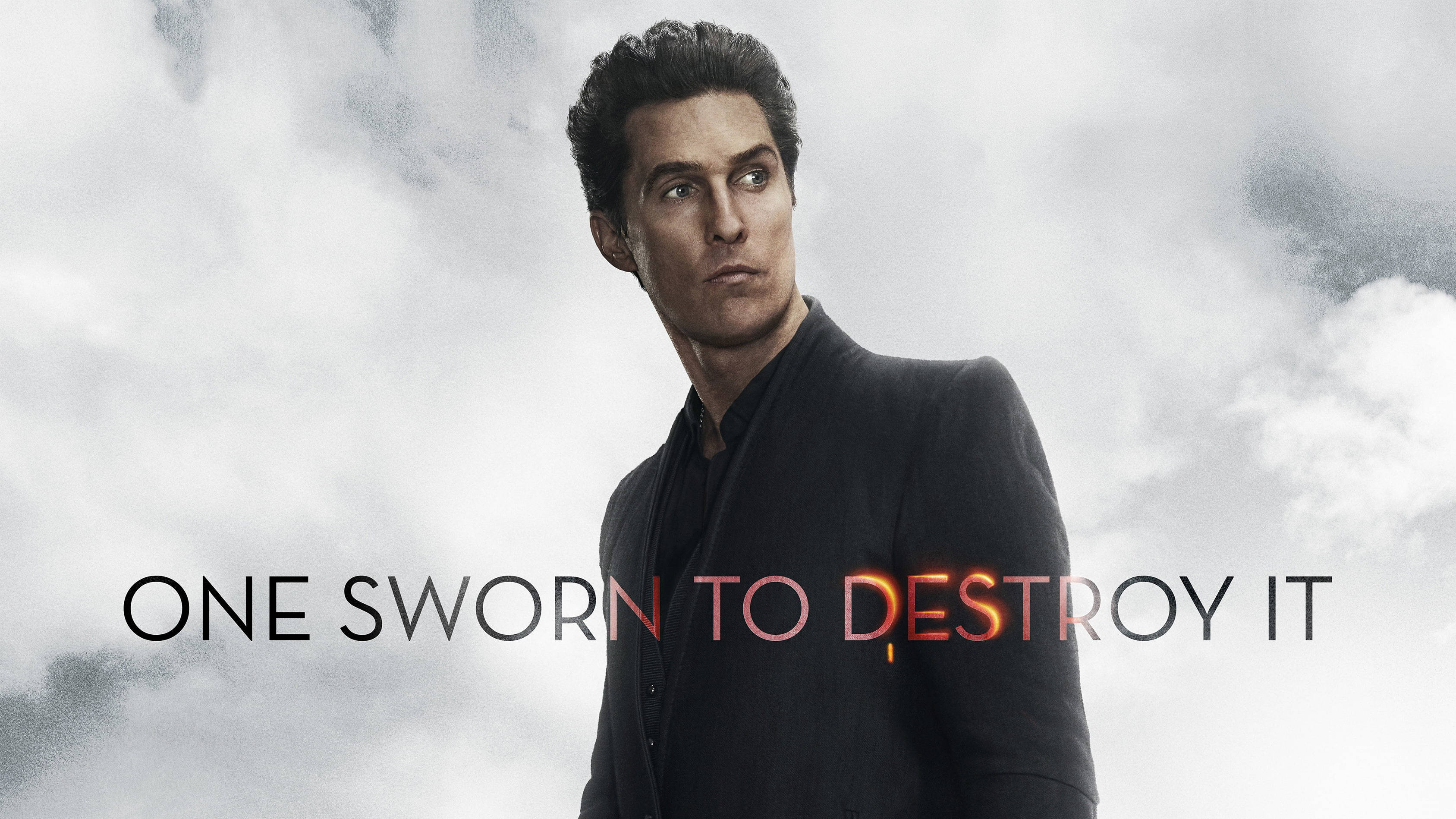 Matthew 桌布 壁紙 — 一個穿著深色西裝的男人站在多雲的天空前，文字 one sworn to destroy it 以火橙色發光。