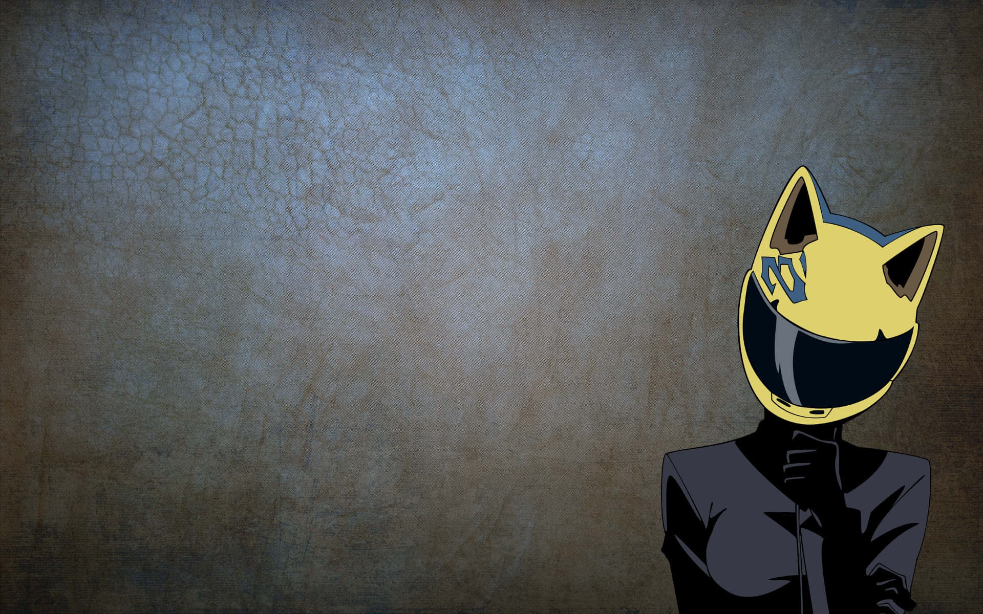 Celty Sturluson 桌布 壁紙 — 一個穿著深色西裝的黃色貓頭風格人物，站在裂開的藍色和棕色紋理牆前。