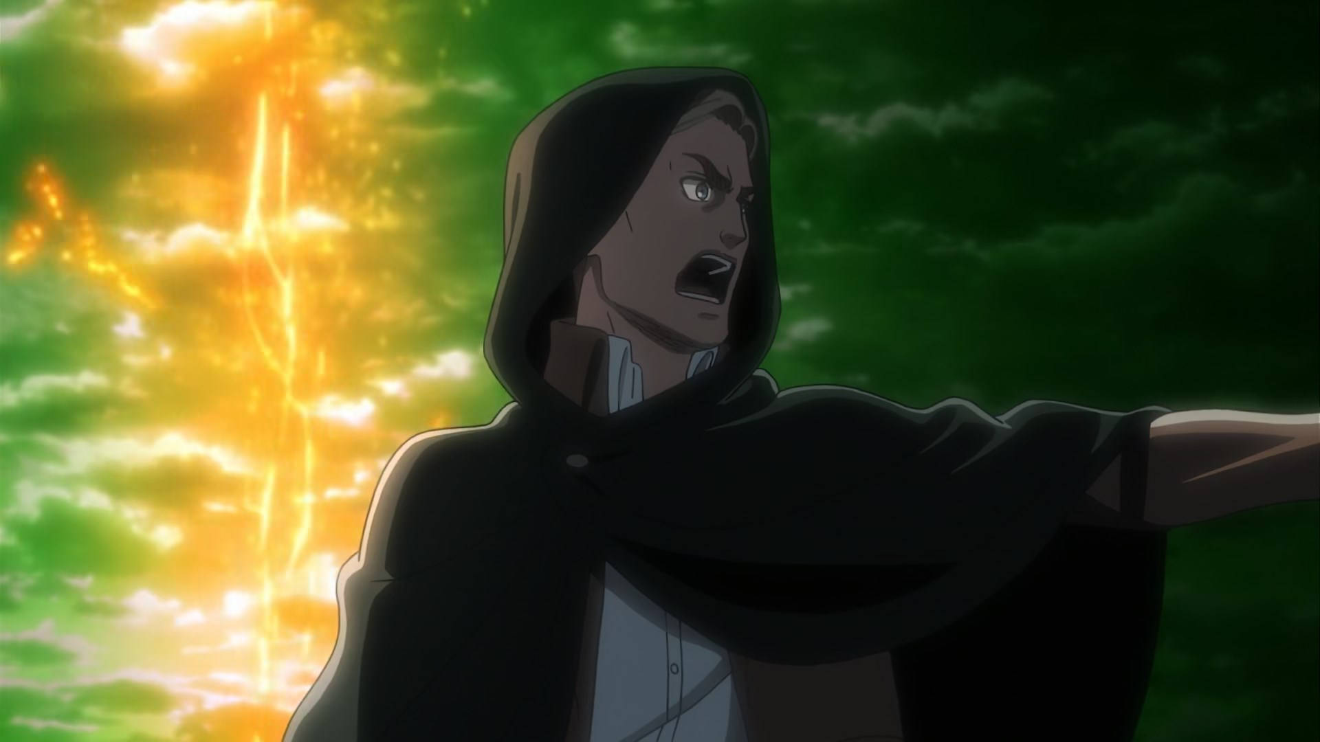 Erwin 桌布 壁紙 — 一個穿著深色連帽斗篷的動漫角色在閃電交加的戲劇性綠色和橙色天空下尖叫。