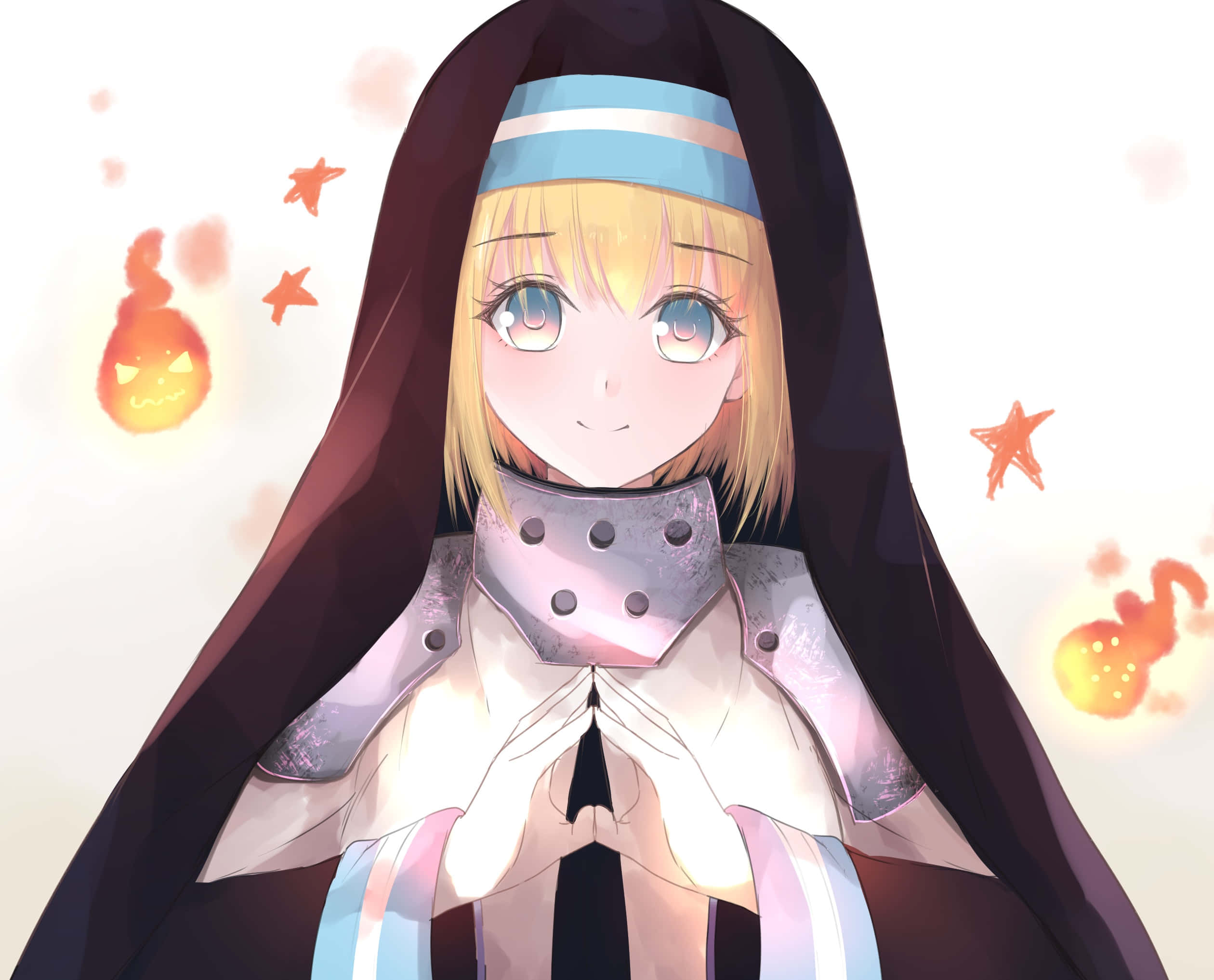 Tamaki Fire Force 桌布 壁紙 — 一個穿著深色連帽服裝的開朗動漫女孩，周圍漂浮著發光的傑克南瓜燈和星星。