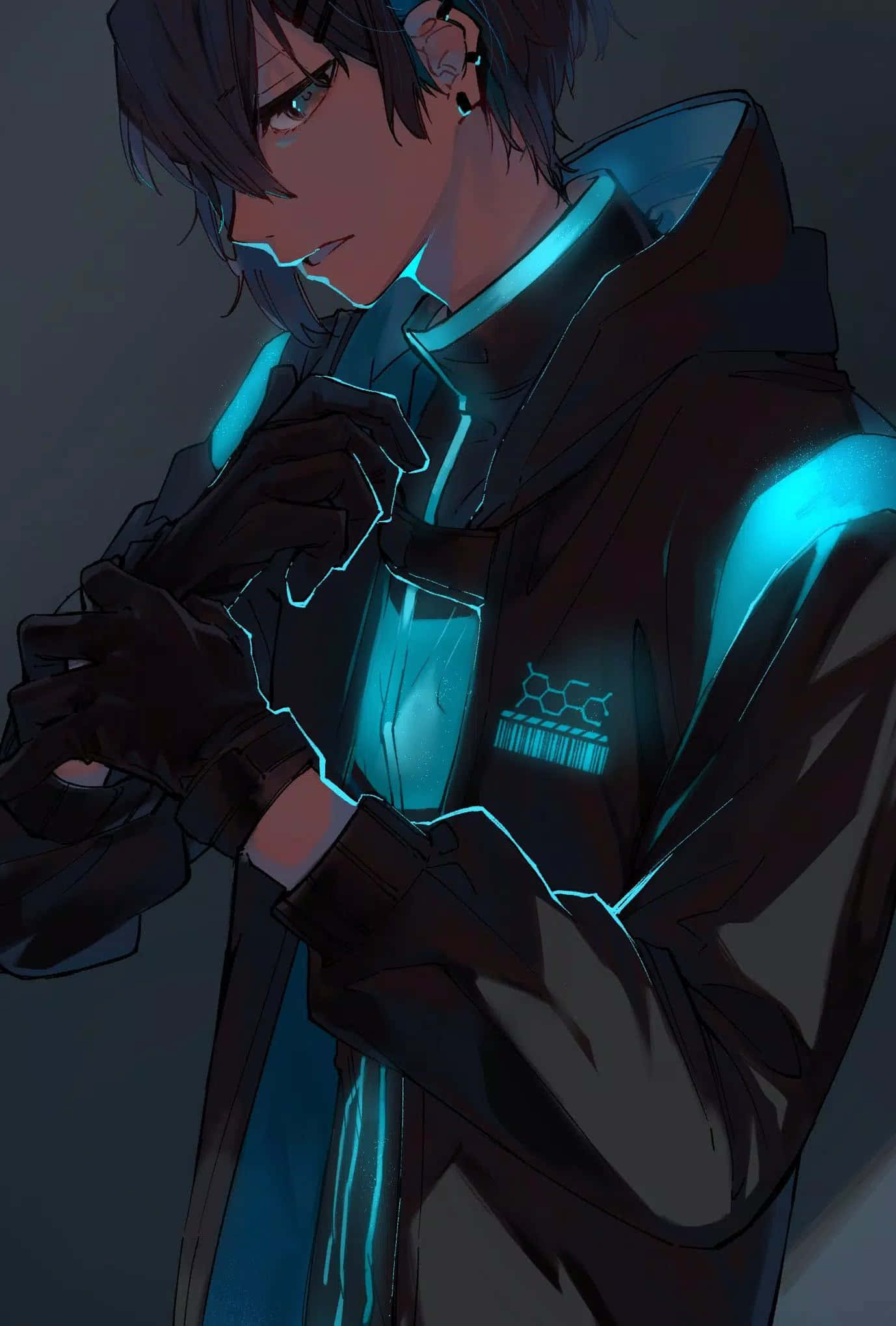 Bad Boy Anime 桌布 壁紙 — 一個穿著深色連帽衫、胸前和手臂上有發光藍色電路線條的賽博龐克動漫角色。