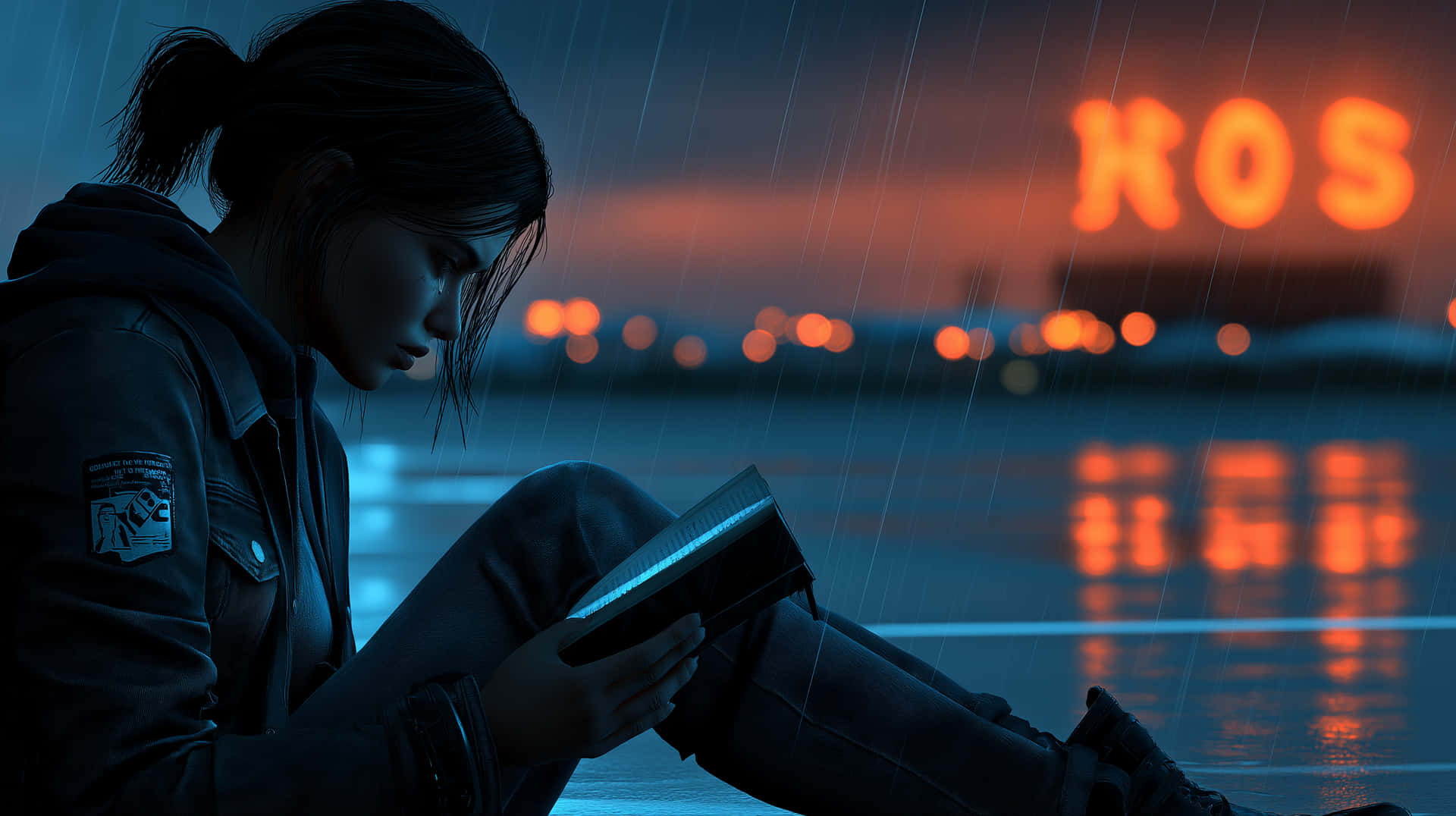 Woman Reading Glowing Book in Urban Night Rain Scene 壁紙 — 一個穿著深色連帽衫的女人獨自坐在濕漉漉的人行道上，在寫著ROS的霓虹燈下，讀著一本發光的書，雨正在下。