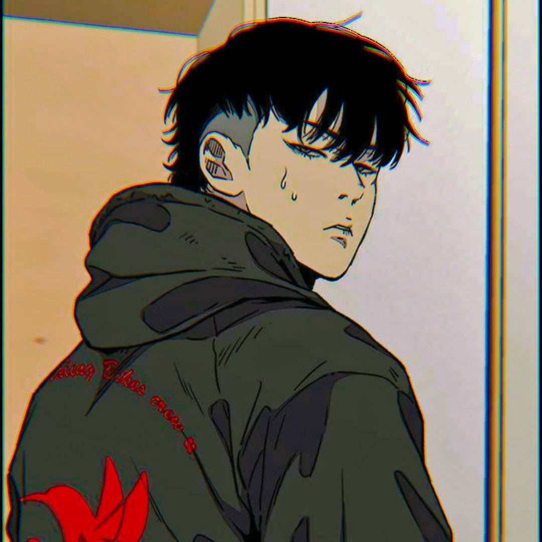 jay jo 桌布 壁紙 — 一個穿著深色連帽衫的憂鬱動漫男孩，帶著悲傷的表情回頭看，流下一滴眼淚。